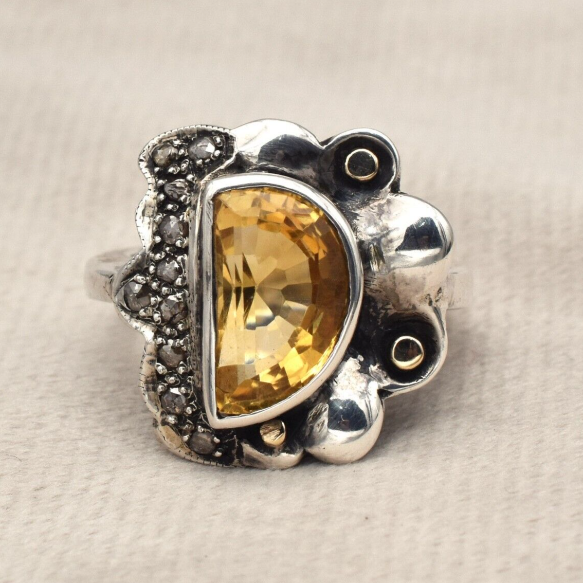 Vintage Natural Yellow Citrine 10ct Diamond 18k Gold Sterling Silver Ring