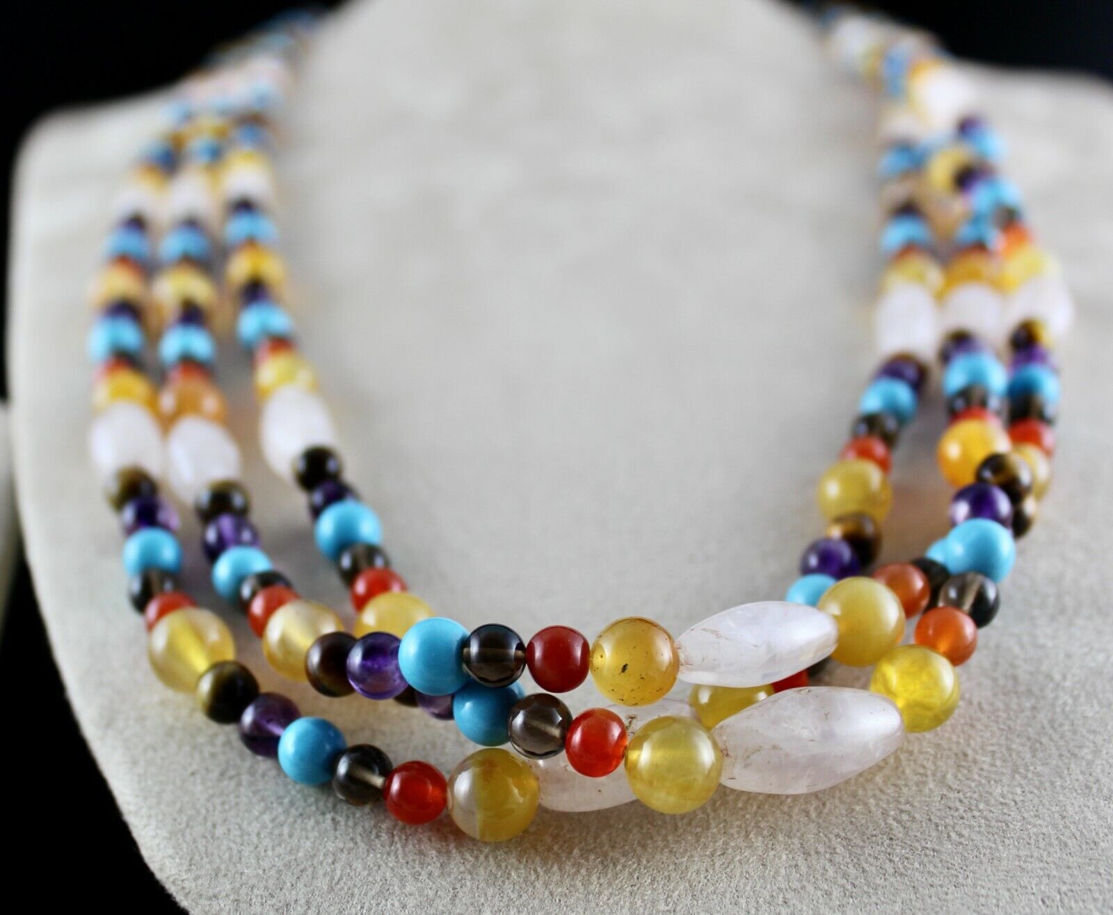 HANDMADE NATURAL SEMI PRECIOUS BEADS 3 LINE 1077 CTS GEMSTONE FASHION NECKLACE