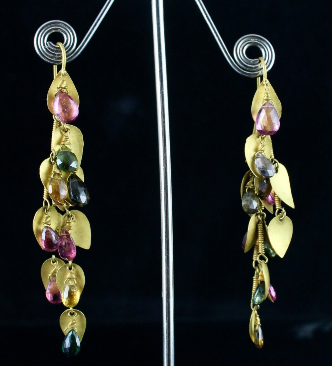 Certified Multi Colour Tourmaline 59ct Teardrops 18k Gold Leaf Earrings