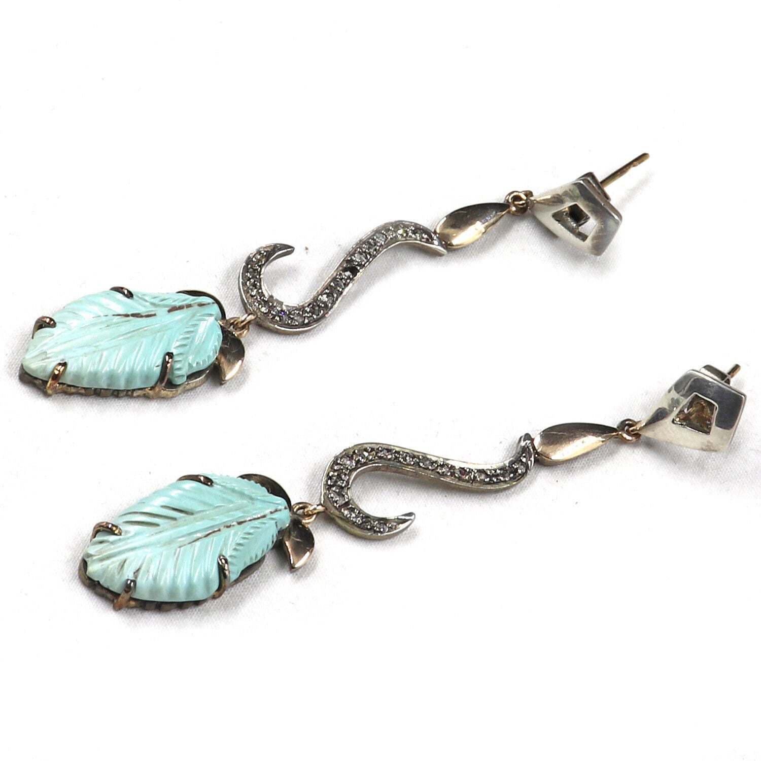 Turquoise Carved Leaves Diamond 18K Gold 925 Silver Victorian Gemstone Earring