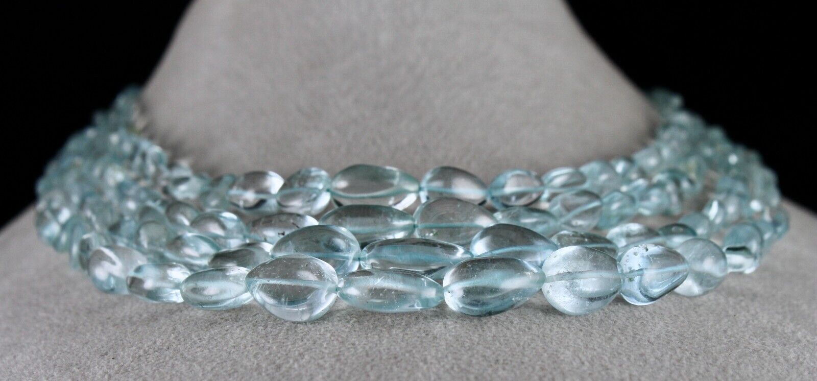 NATURAL BLUE TOPAZ BEADS DROPS 4 LINE 613 CARATS GEMSTONE BEADED FINE NECKLACE