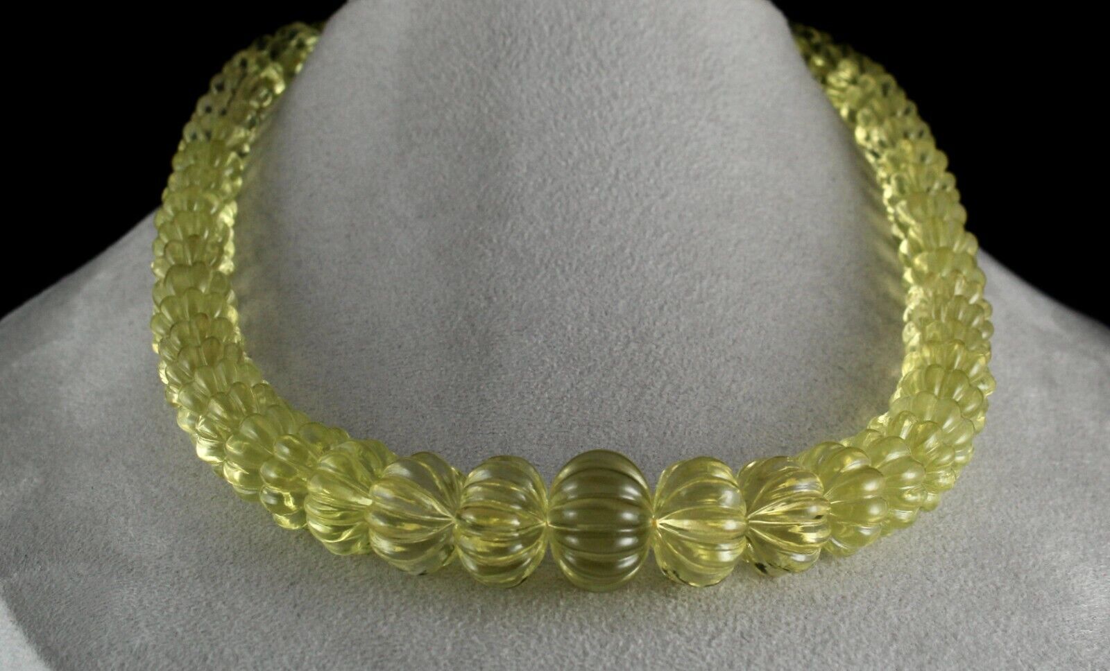 NATURAL LEMON QUARTZ BEADS MELON CARVED 820 CTS SEMI PRECIOUS GEMSTONE NECKLACE