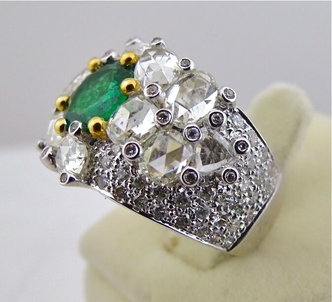 TOP NATURAL ZAMBIAN EMERALD ROUND CUT ROSE CUT DIAMOND 18K GOLD STATEMENT RING