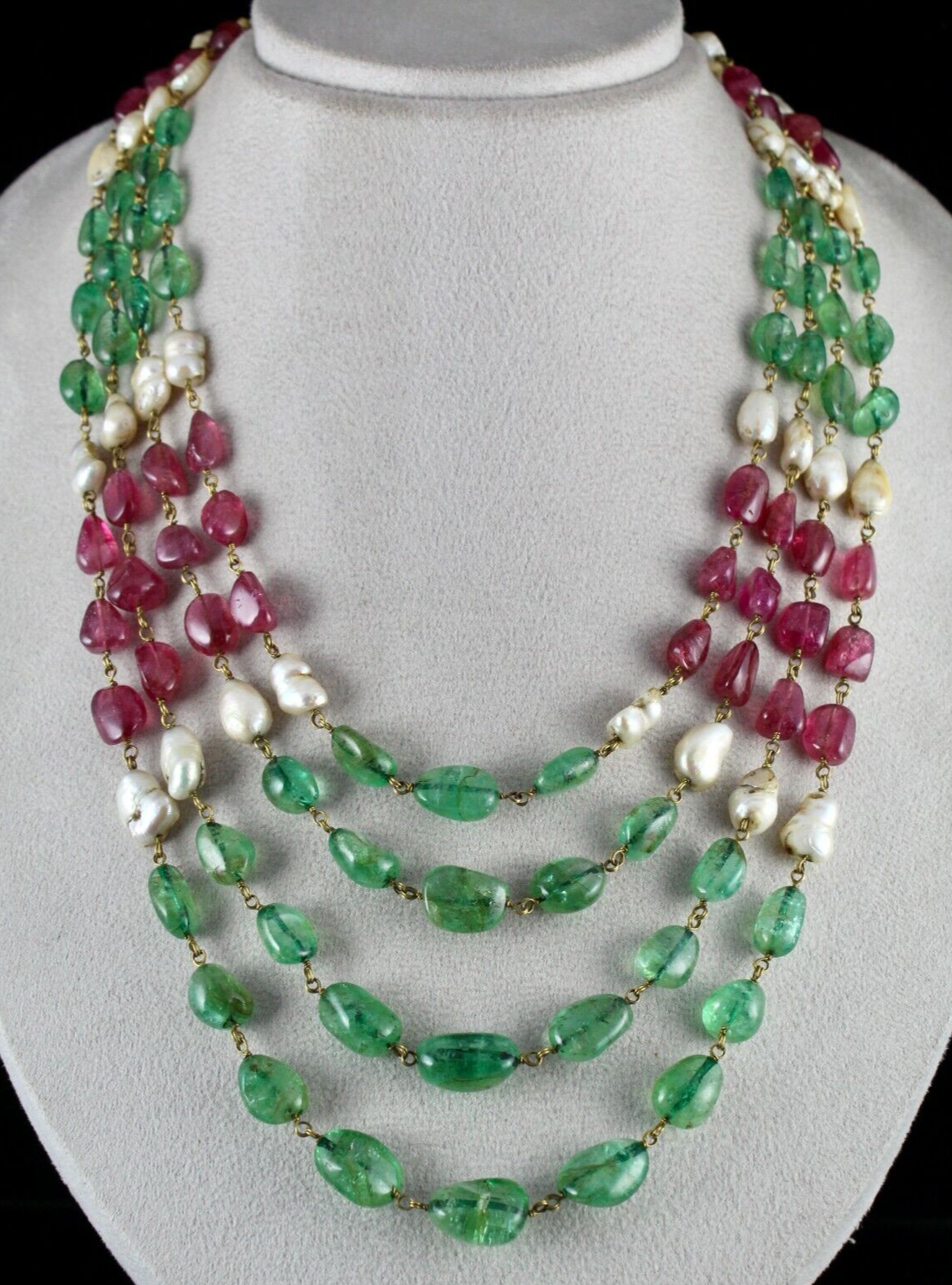 Certified Natural Colombian Emerald 10ct Tourmaline Pearl Gold Necklace