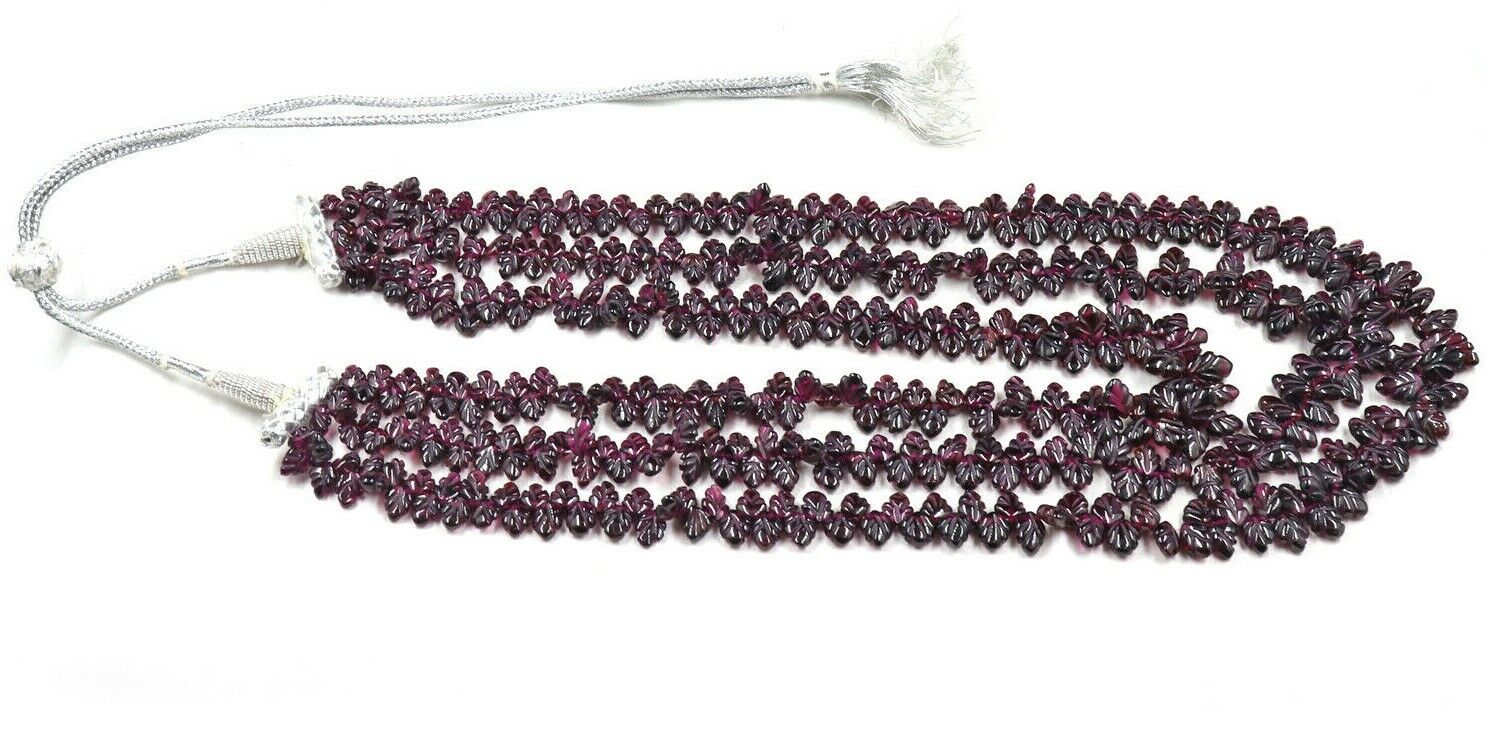 NATURAL RED GARNET BEADS CARVED LEAVES 3 LINE 820 CARATS GEMSTONE NECKLACE