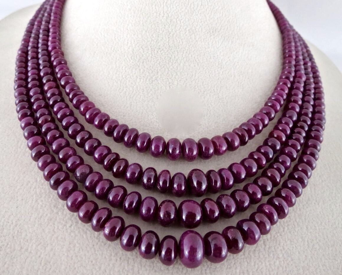 NATURAL NOHEAT RUBY BEADS ROUND 4 LINE 633 CARATS GEMSTONE LADIES NECKLACE