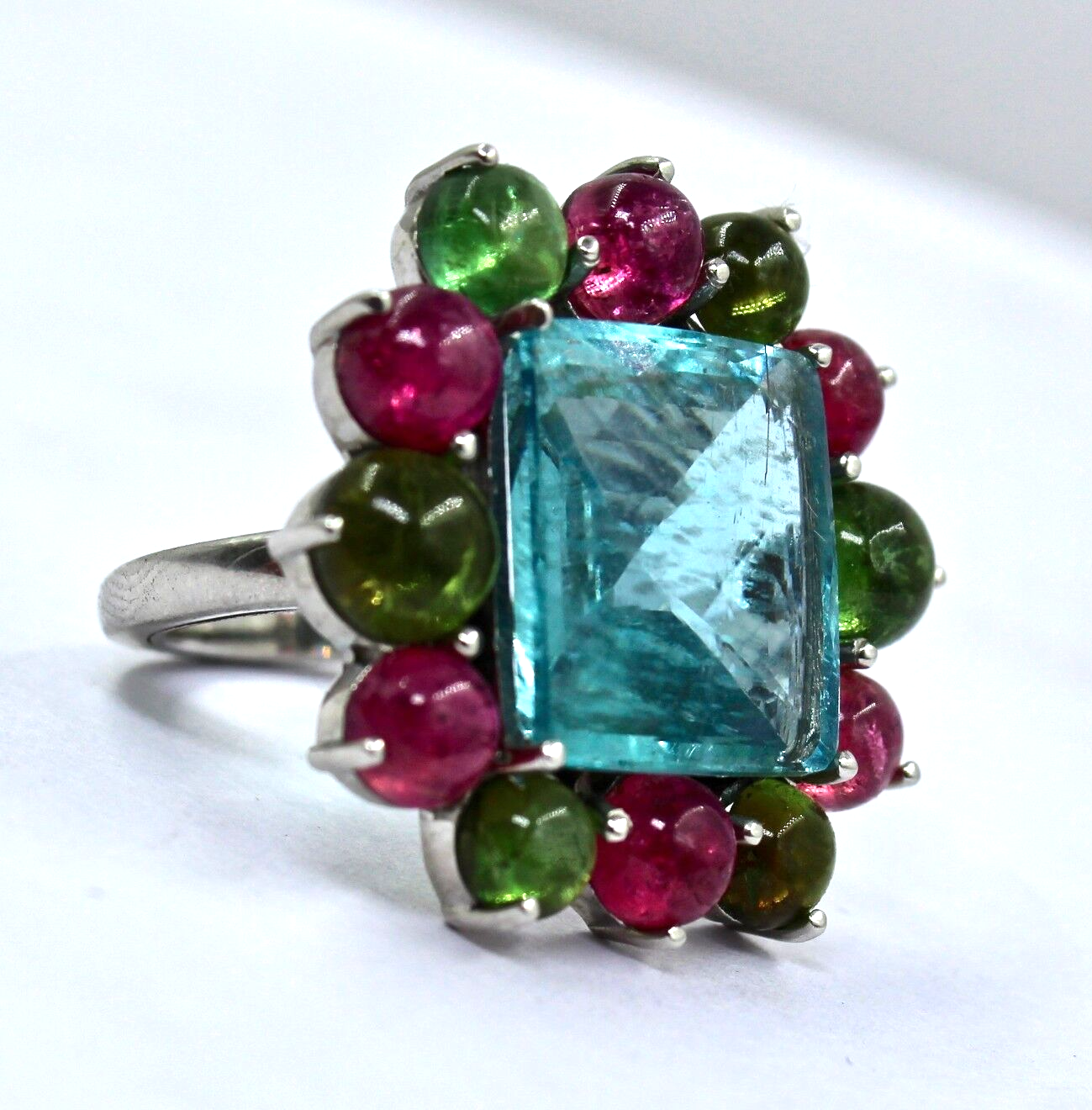 Certified Natural Blue Aquamarine 48ct Square Tourmaline Sterling Silver Ring