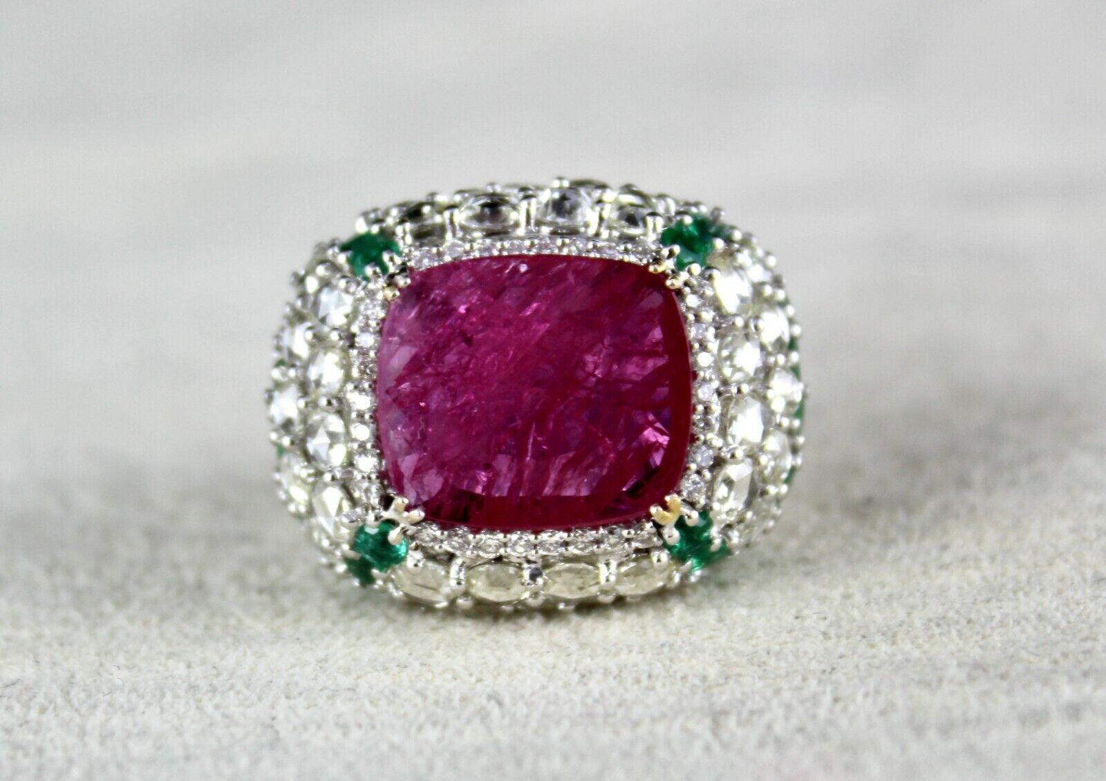 IMPORTANT NATURAL RUBY CUSHION ROSE CUT DIAMOND EMERALD 18K GOLD COCKTAIL RING