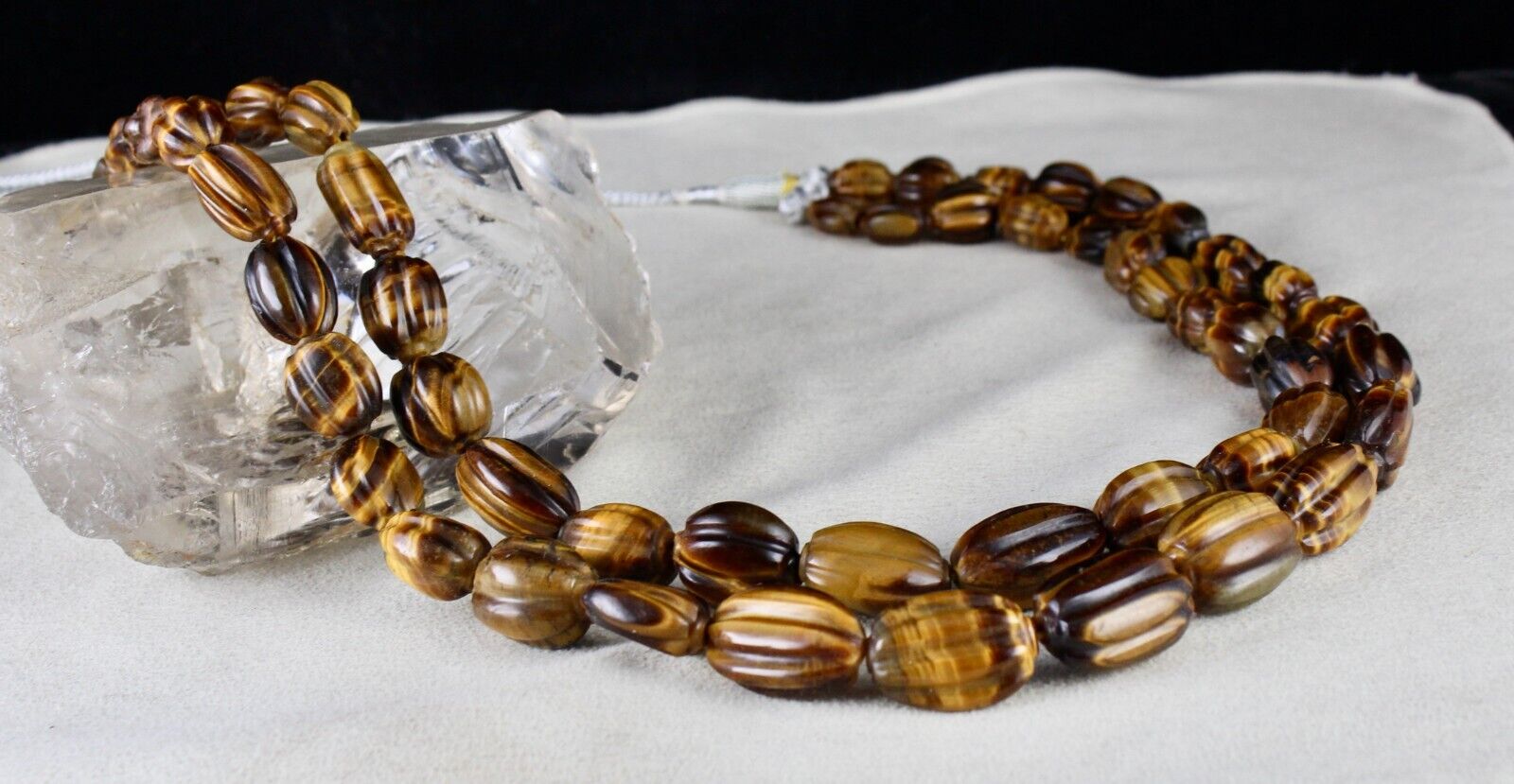 NATURAL TIGER'S EYE BEADS CARVED 2 LINE 785 CTS GEMSTONE LADIES ANTIQUE NECKLACE