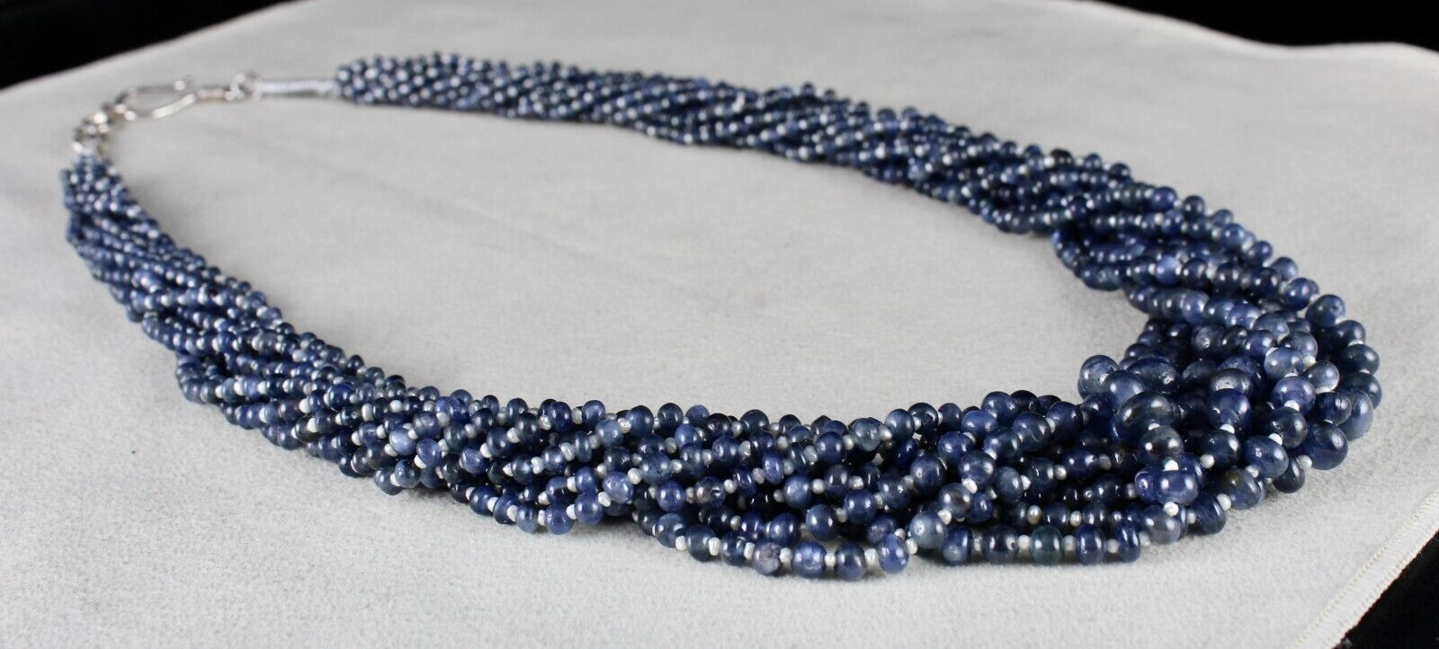 Certified Blue Sapphire & Pearl Round Beaded Necklace -11 L/649 Ct /Silver Clasp