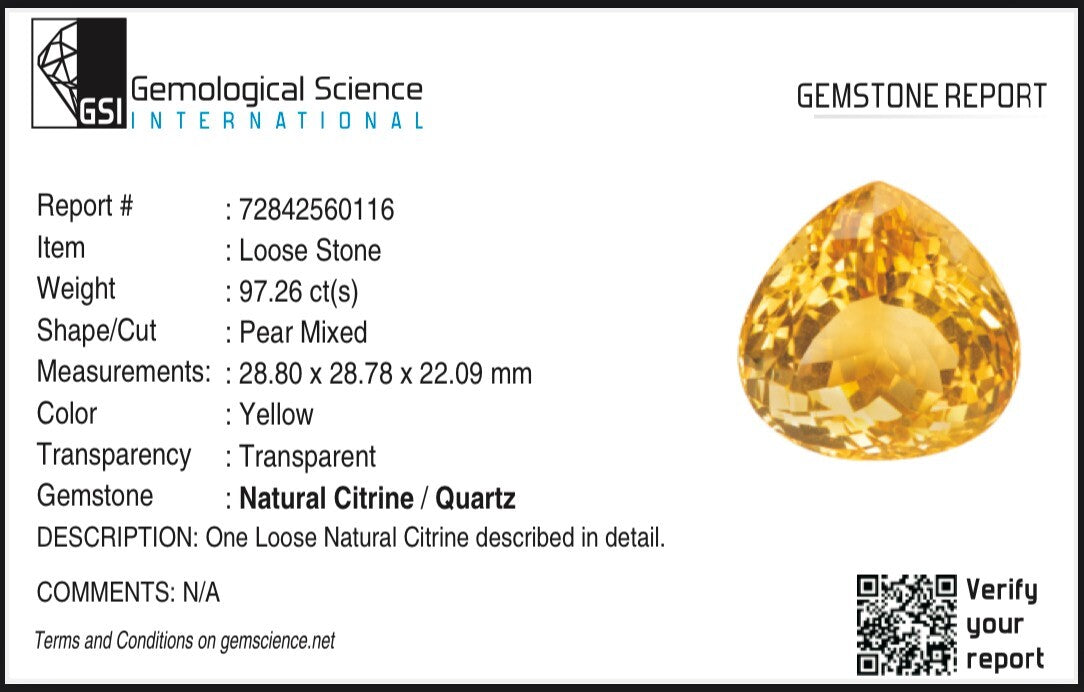 Certified Natural Yellow Citrine 28x28mm 97.26 Ct Gemstone Heart Pendant Ring