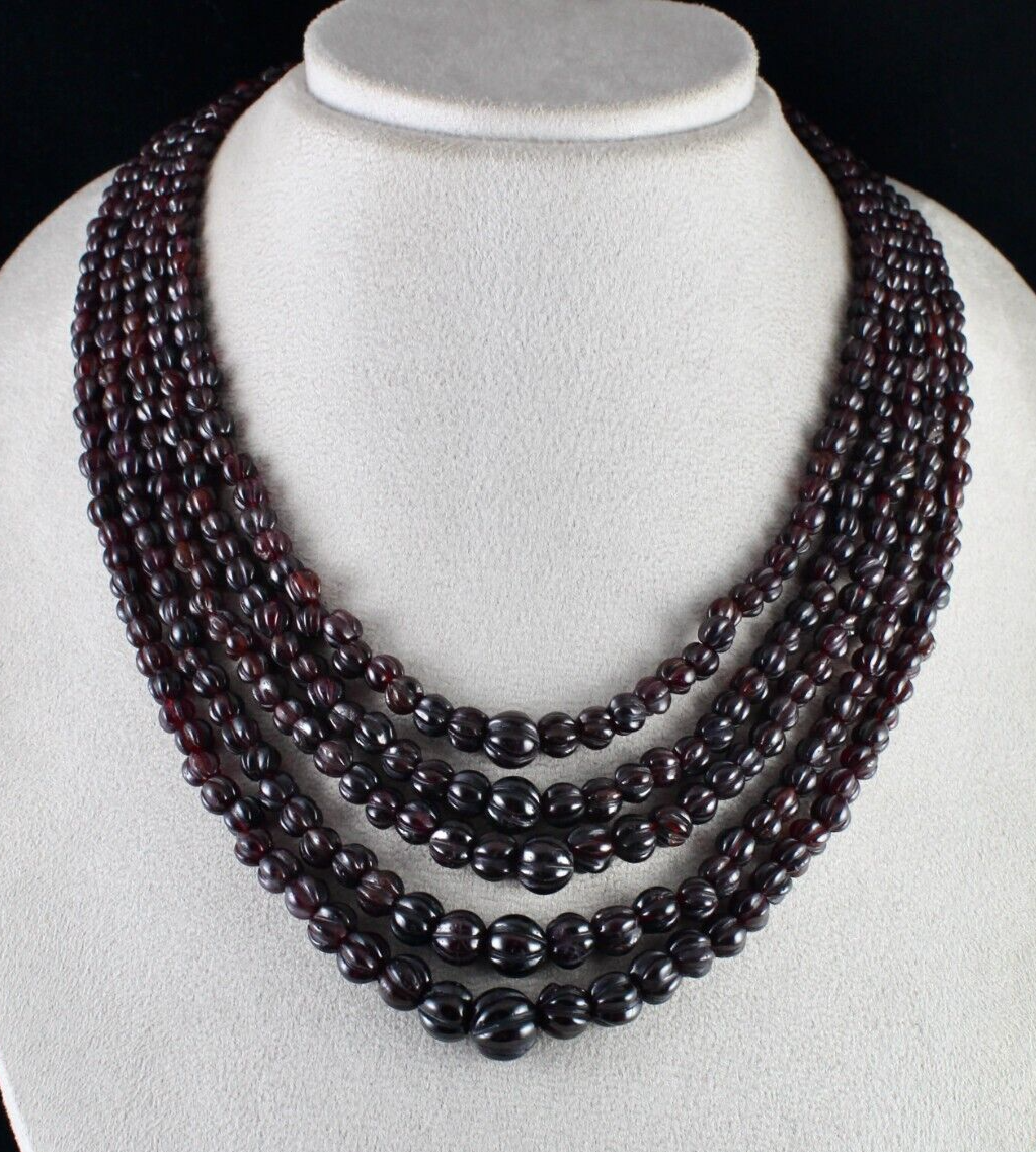 NATURAL GARNET BEADS CARVED MELON 5 LINE 988 CARATS GEMSTONE ANTIQUE NECKLACE