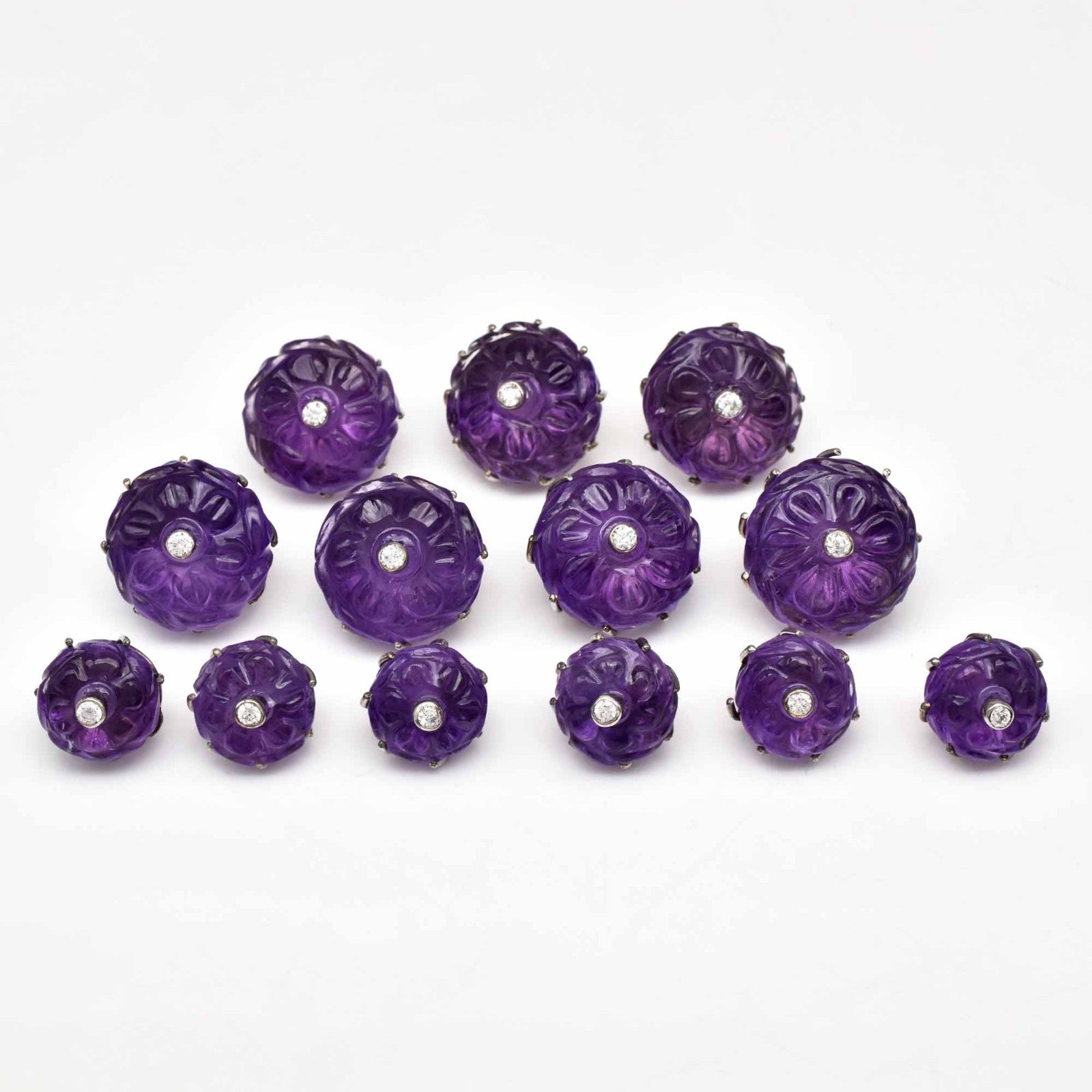 Natural Amethyst Engraved Moissanite 13Pc Silver Men Accessories Sherwani Button
