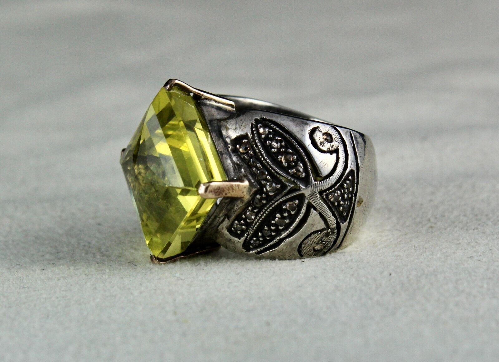 NATURAL LEMON QUARTZ GEMSTONE DIAMOND 18K GOLD SILVER COCKTAIL VICTORIAN RING