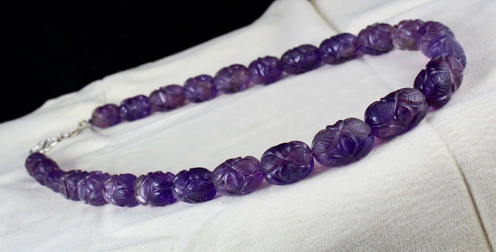 NATURAL AMETHYST ENGRAVED BEADS 955 CT PURPLE GEMSTONE SILVER VINTAGE NECKLACE