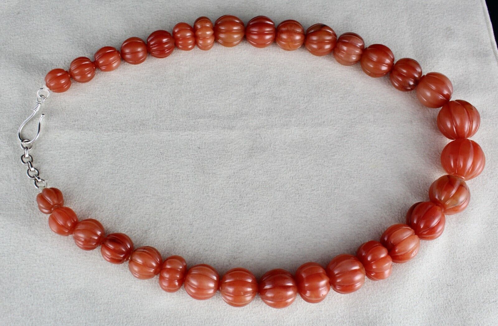 Natural Orange Quartz Carved Melon Beaded Necklace 960 Carats Stone Silver Clasp