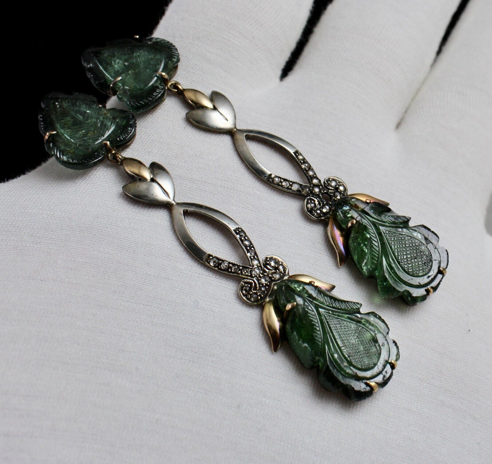 Natural Green Tourmaline Stone Diamond 18k Gold Silver Dangle Victorian Earring