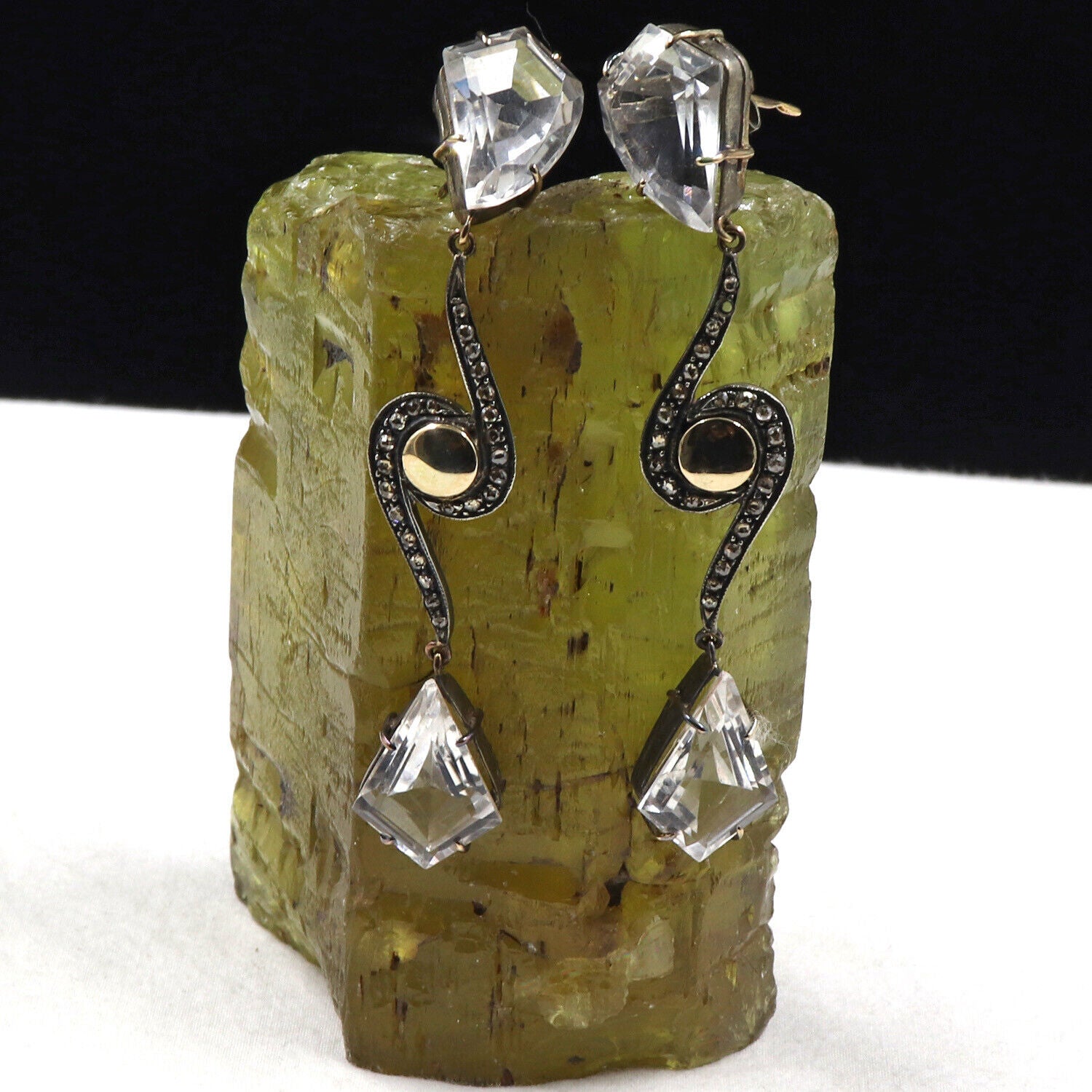 NATURAL ROCK CRYSTAL QUARTZ CARVED DIAMOND 18K GOLD 925 SILVER VICTORIAN EARRING