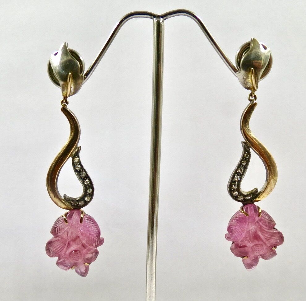 NATURAL PINK TOURMALINE CARVED DIAMOND 18K GOLD 925 SILVER VICTORIAN EARRING