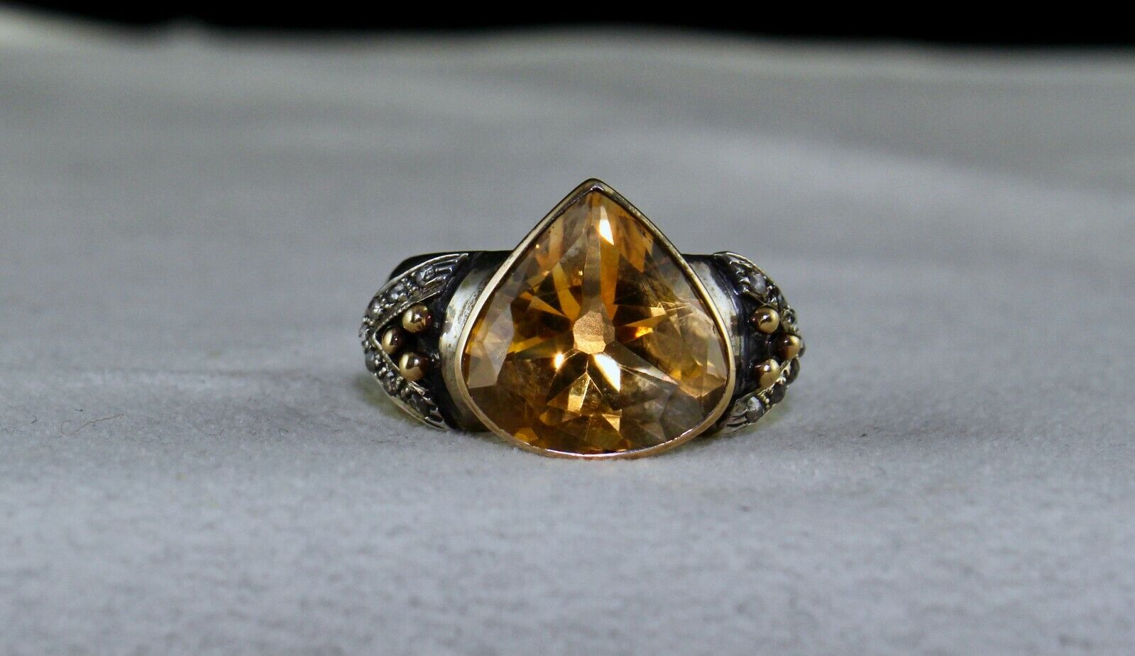 NATURAL YELLOW CITRINE HEART CUT DIAMOND 18K GOLD SILVER VINTAGE MEN WOMEN RING