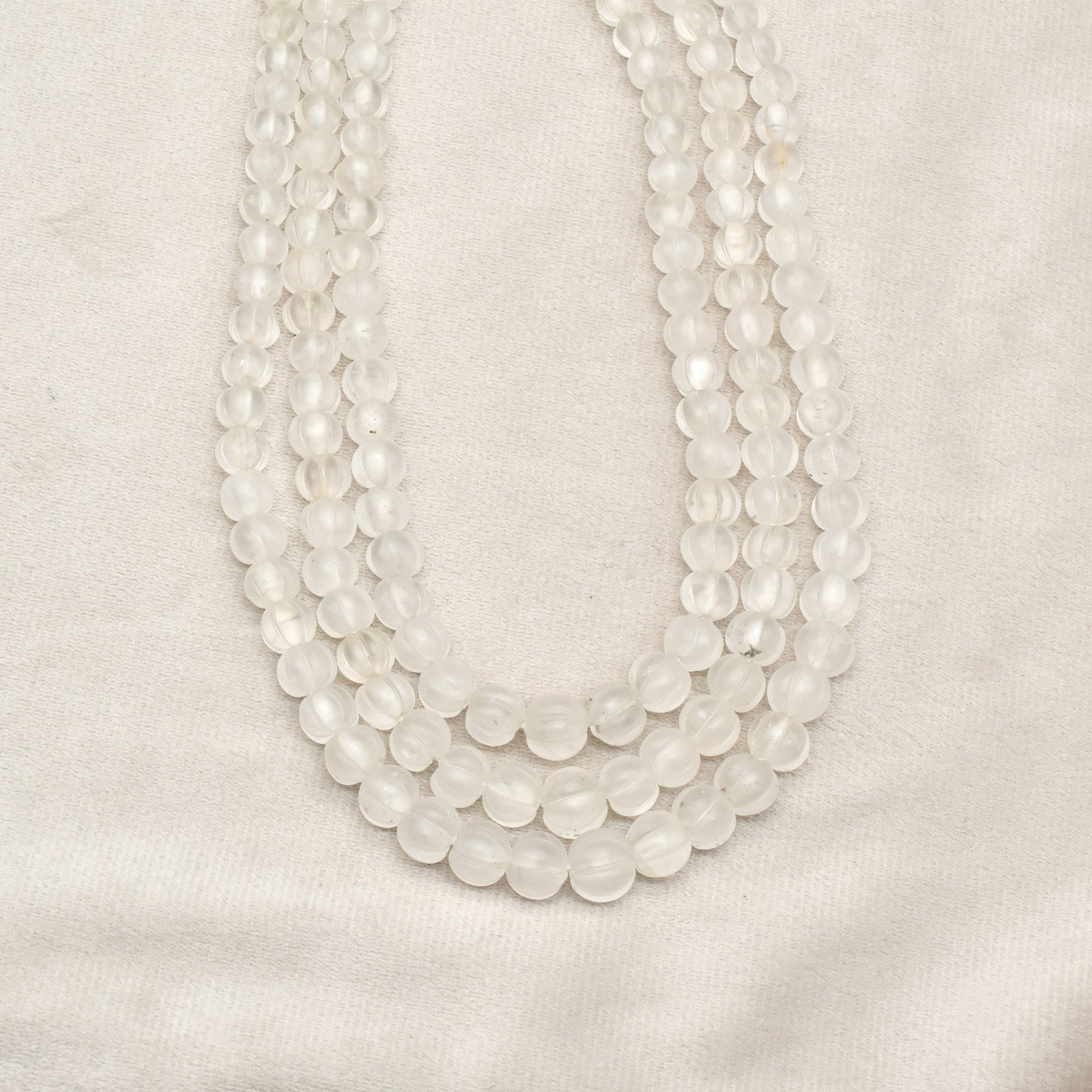 Natural Rock Crystal Quartz 626 Ct Carved Melon Frost Beads Necklace