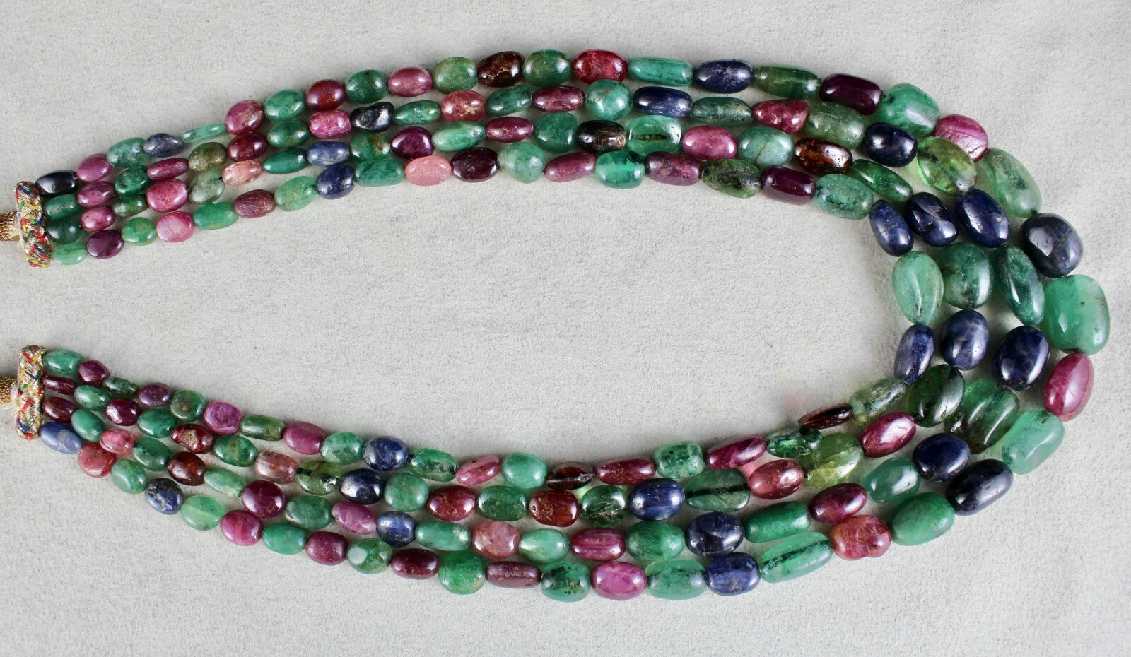 Certified Antique Natural Emerald Ruby Blue Sapphire 886 Ct Beads Necklace