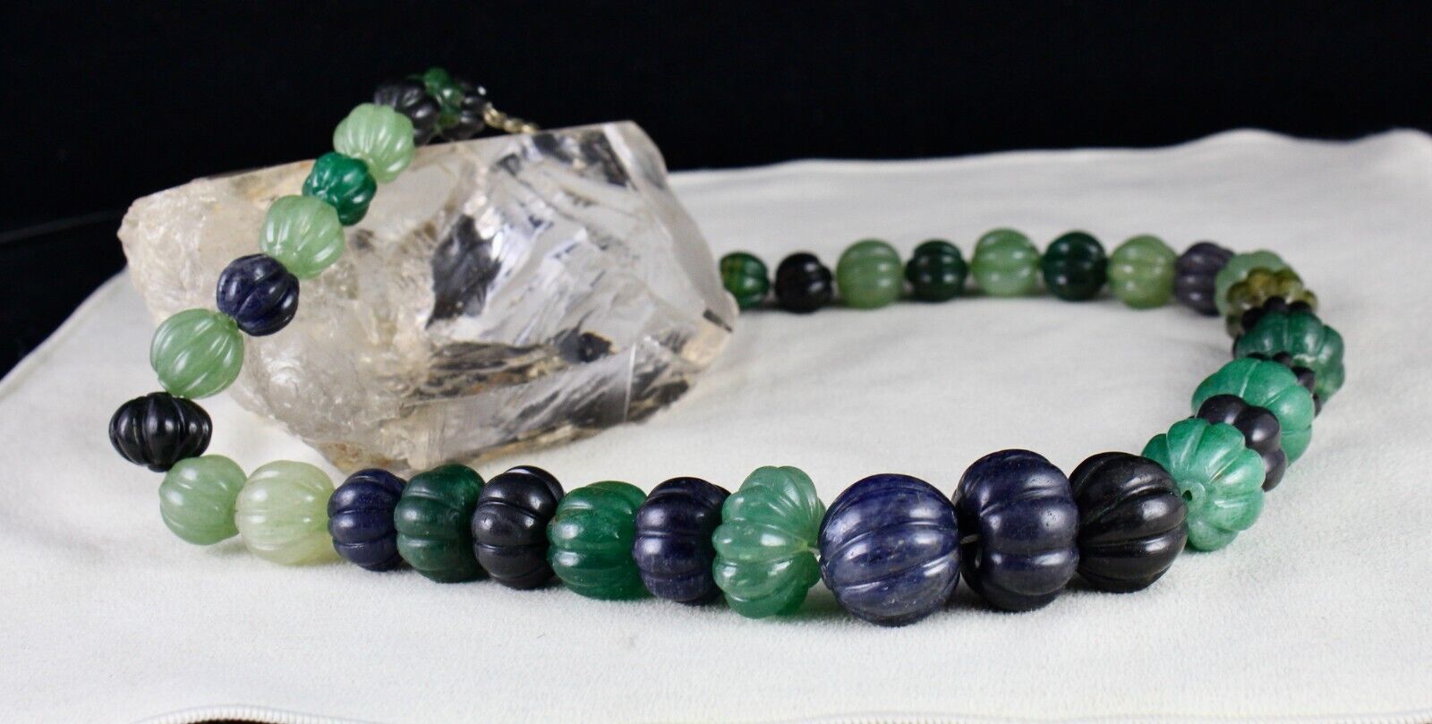 Natural Multi Jade Melon Carved Beads 960 Ct Blue Green Gemstone Silver Necklace