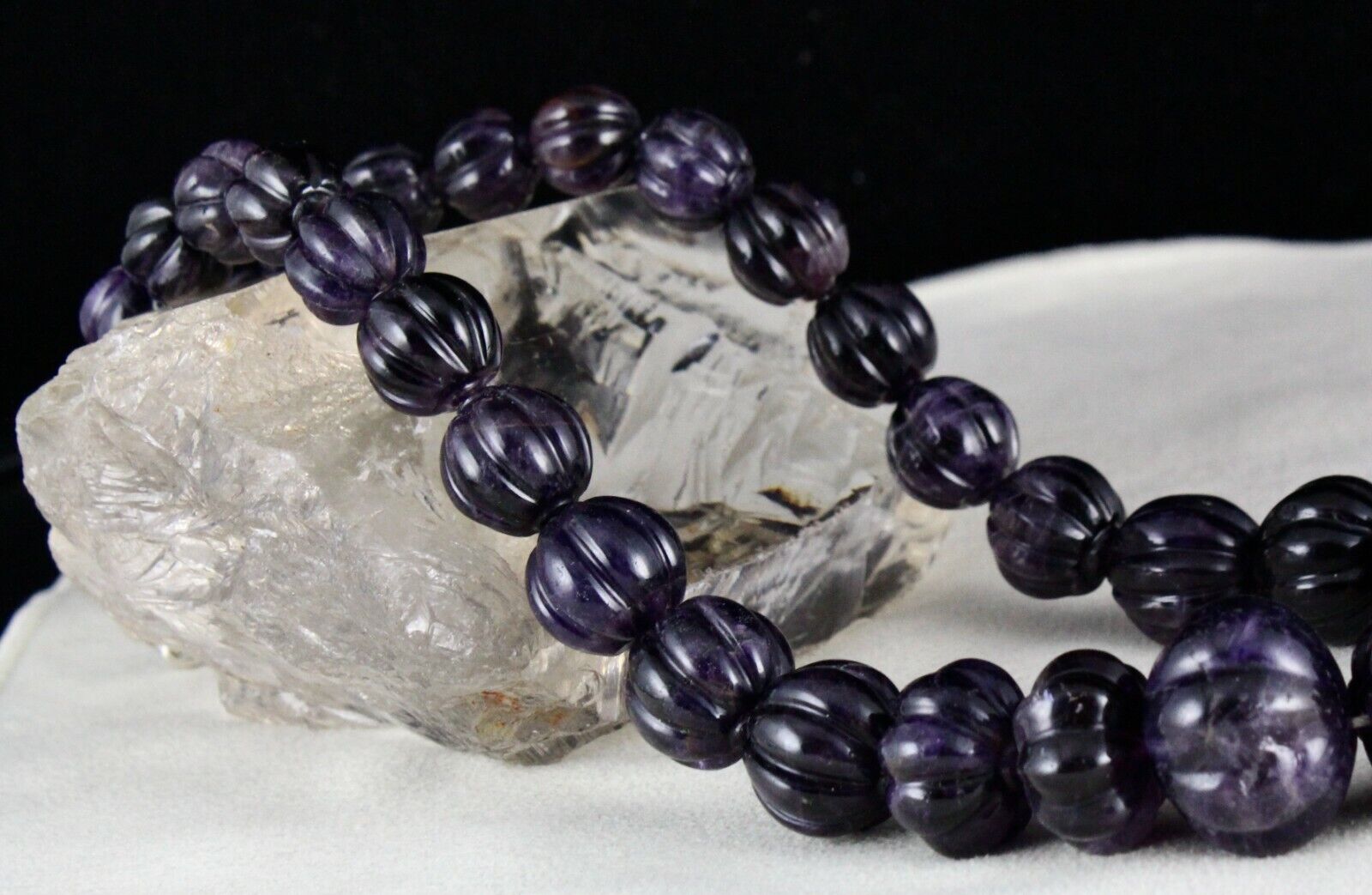 Natural Amethyst Carved Melon Bead 23mm 810 Cts Gemstone Silver Fashion Necklace