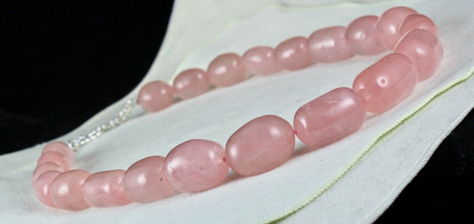 NATURAL ROSE QUARTZ BEADS LONG CABOCHON 1099 CARATS GEMSTONE SILVER NECKLACE