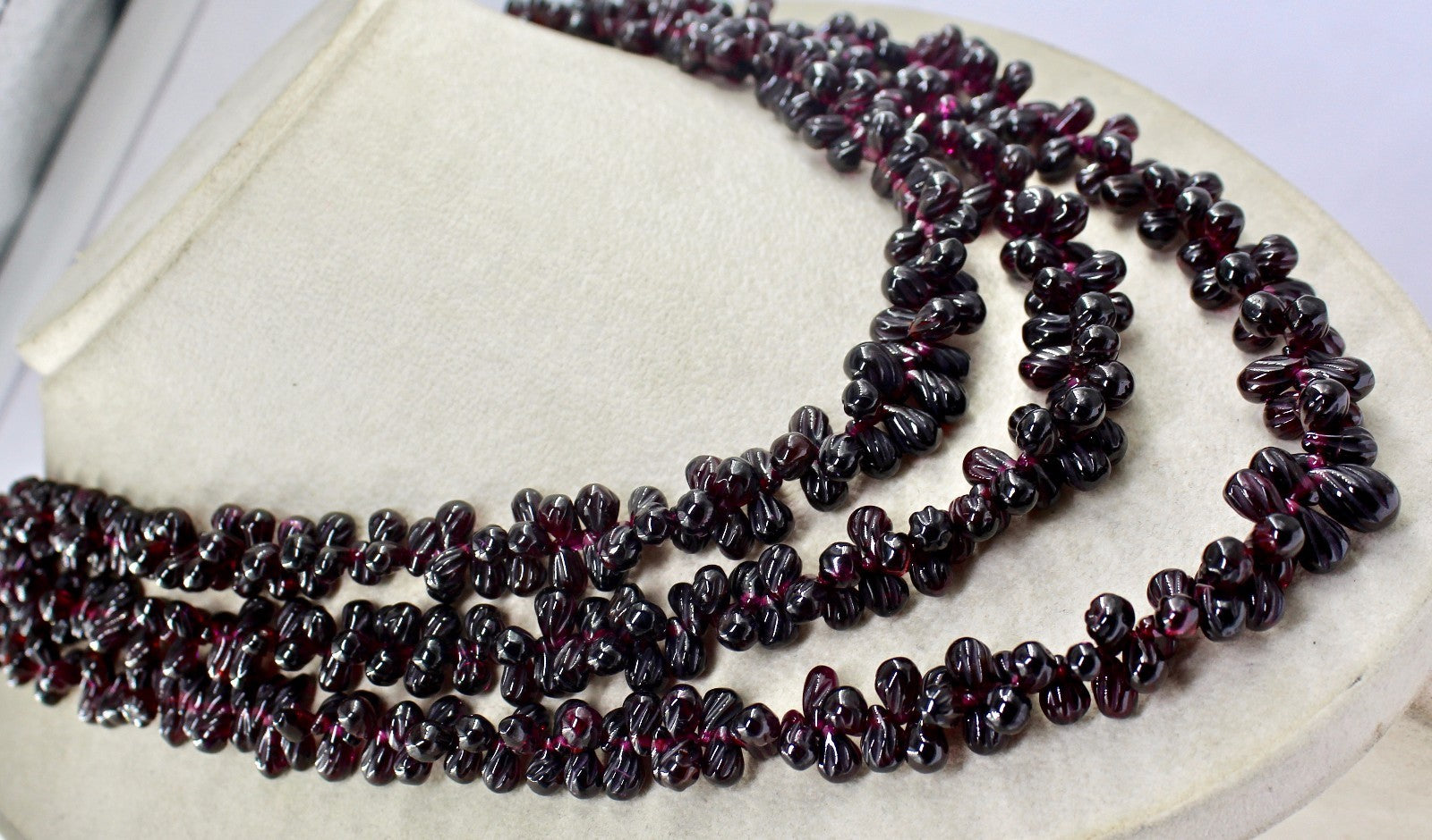 Natural Red Garnet Beads 1220 Ct Carved Drops 3 Line Gemstone Necklace