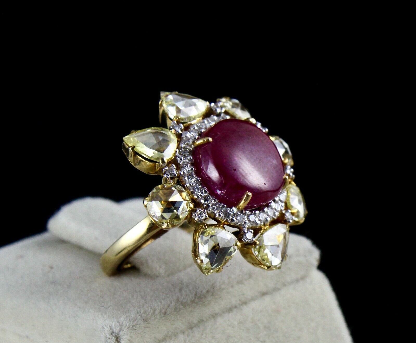 NATURAL UNHEATED BURMA RUBY CABOCHON YELLOW ROSE CUT DIAMOND 18K GOLD FINE RING
