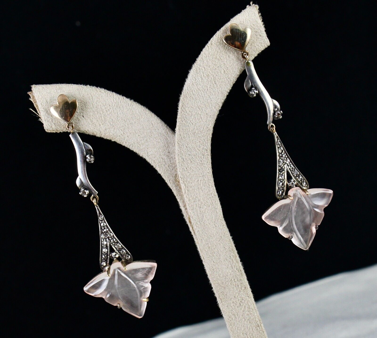 NATURAL ROSE QUARTZ CARVED LEAF DIAMOND 18K GOLD 925 SILVER VICTORIAN EARRING