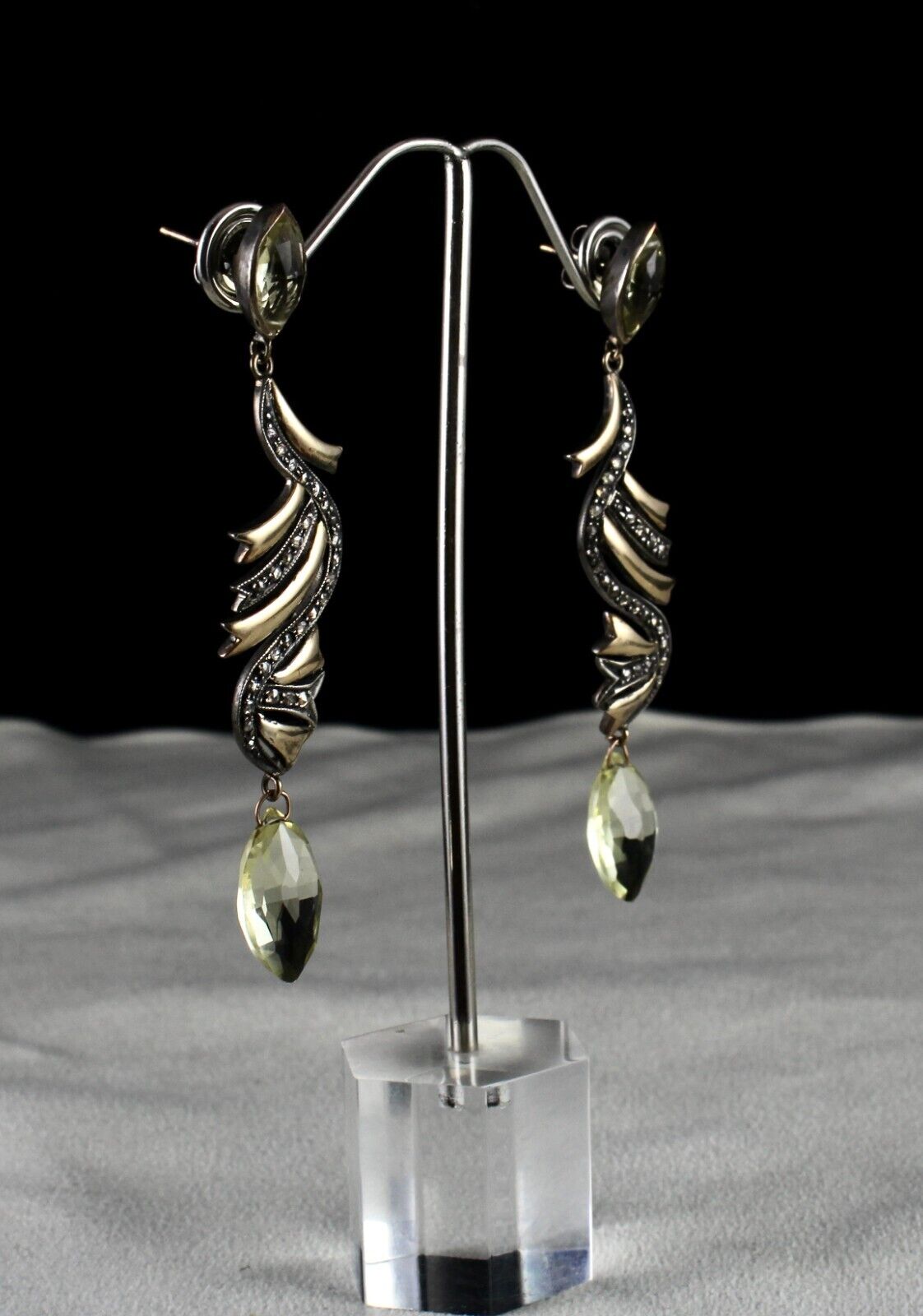 NATURAL LEMON QUARTZ TEAR DROPS DIAMOND 18K GOLD 925 SILVER VICTORIAN EARRING