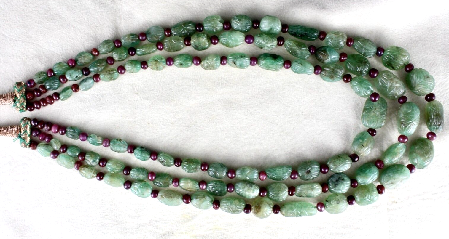 Certified Antique Natural Emerald Ruby 632 Cts Beaded Carved Drill Necklace