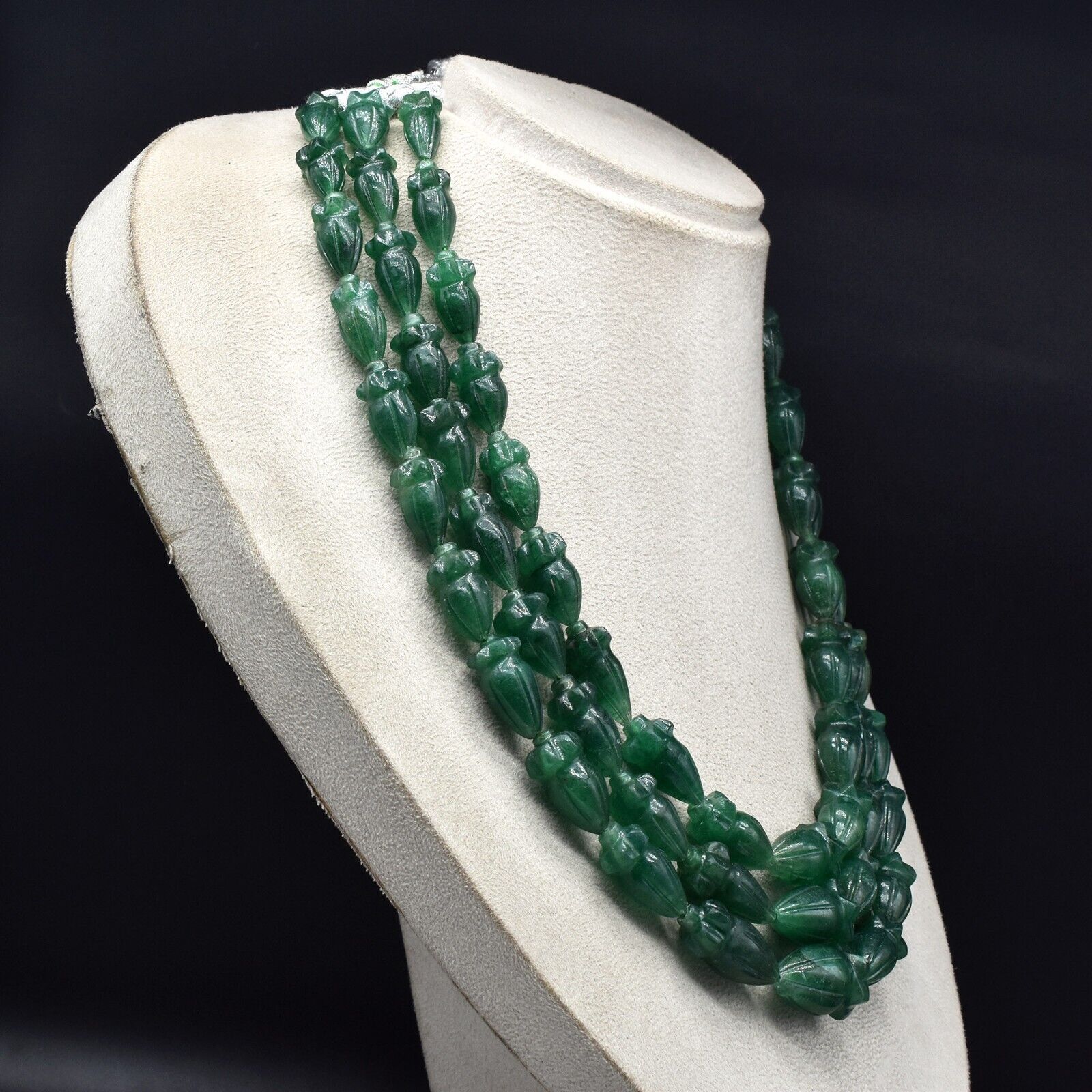 Natural Green Quartz Engraved Beaded Necklace 3 Line 1247 Ct Old Carved Gemstone