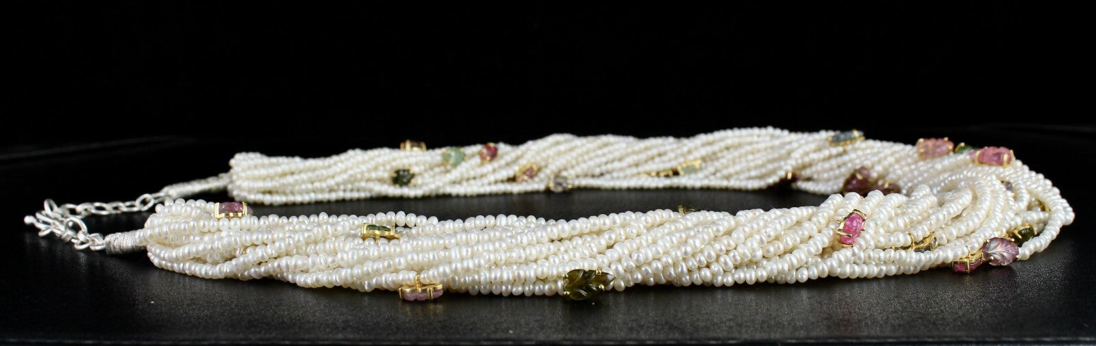 Certified Sterling Silver Designer Necklace Pearl Beads Tourmaline Leaf 972 Ct