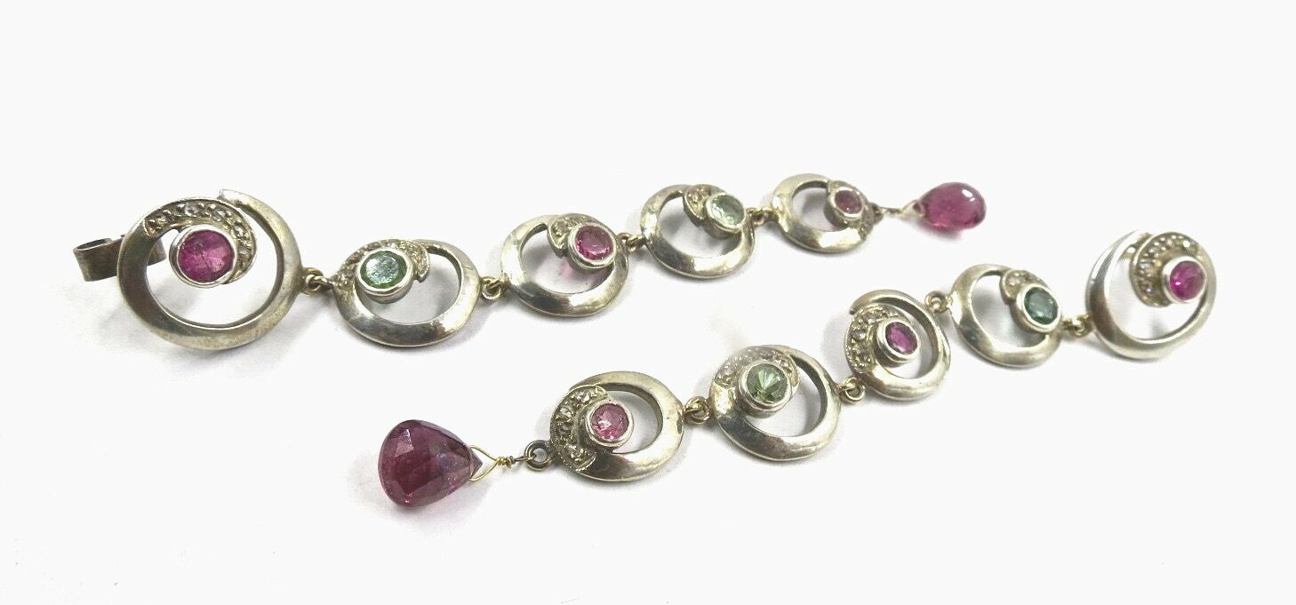 Victorian Multi Colour Tourmaline 10ct Natural Diamond Sterling Silver Earrings