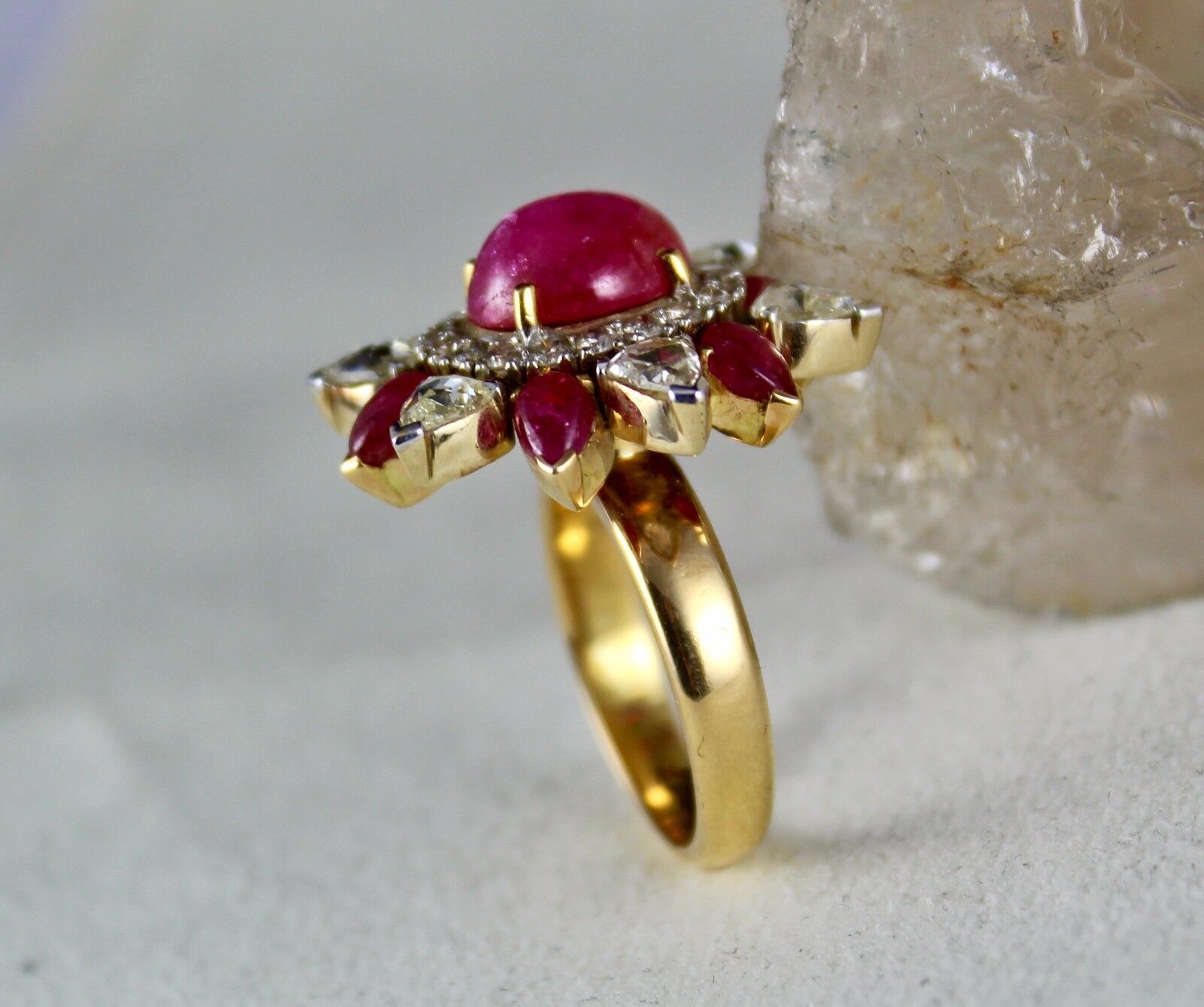 Natural Ruby Cabochon Rose Cut Diamond 18K Yellow Gold Unique Cocktail Ring