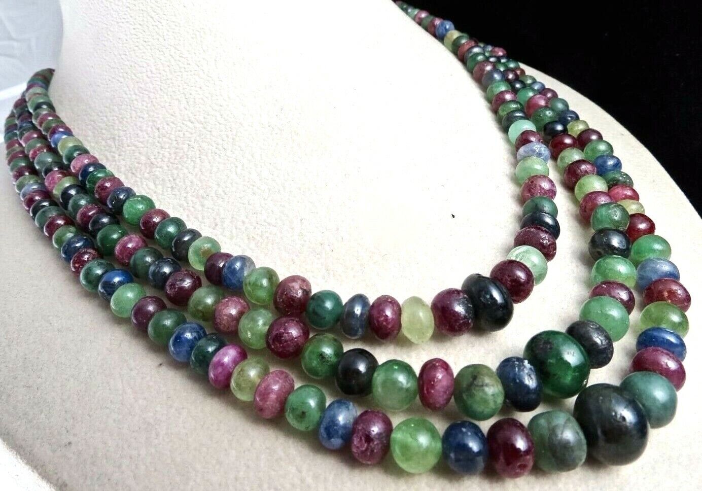 Certified Natural Emerald Ruby Blue Sapphire Beads Round 666 Ct Multi Necklace