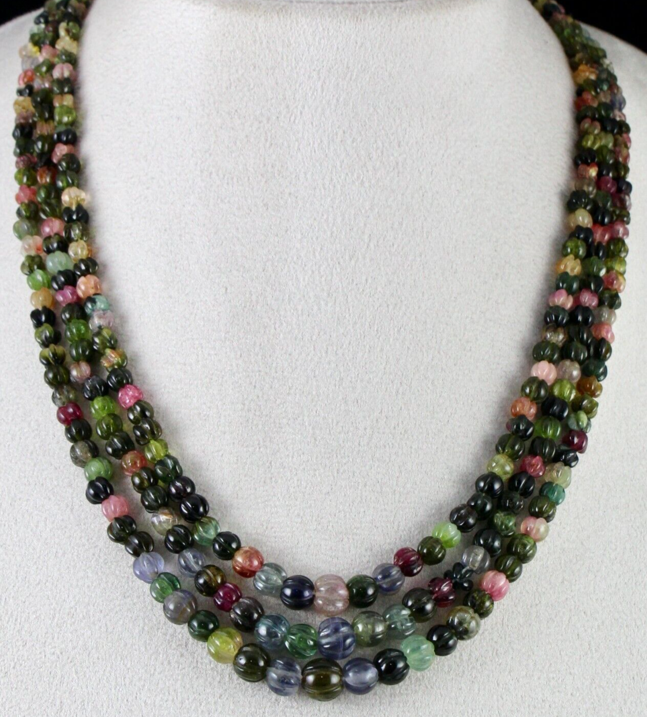 Certified Natural Multi Tourmaline Carved Melon Beads Necklace 390 Ct