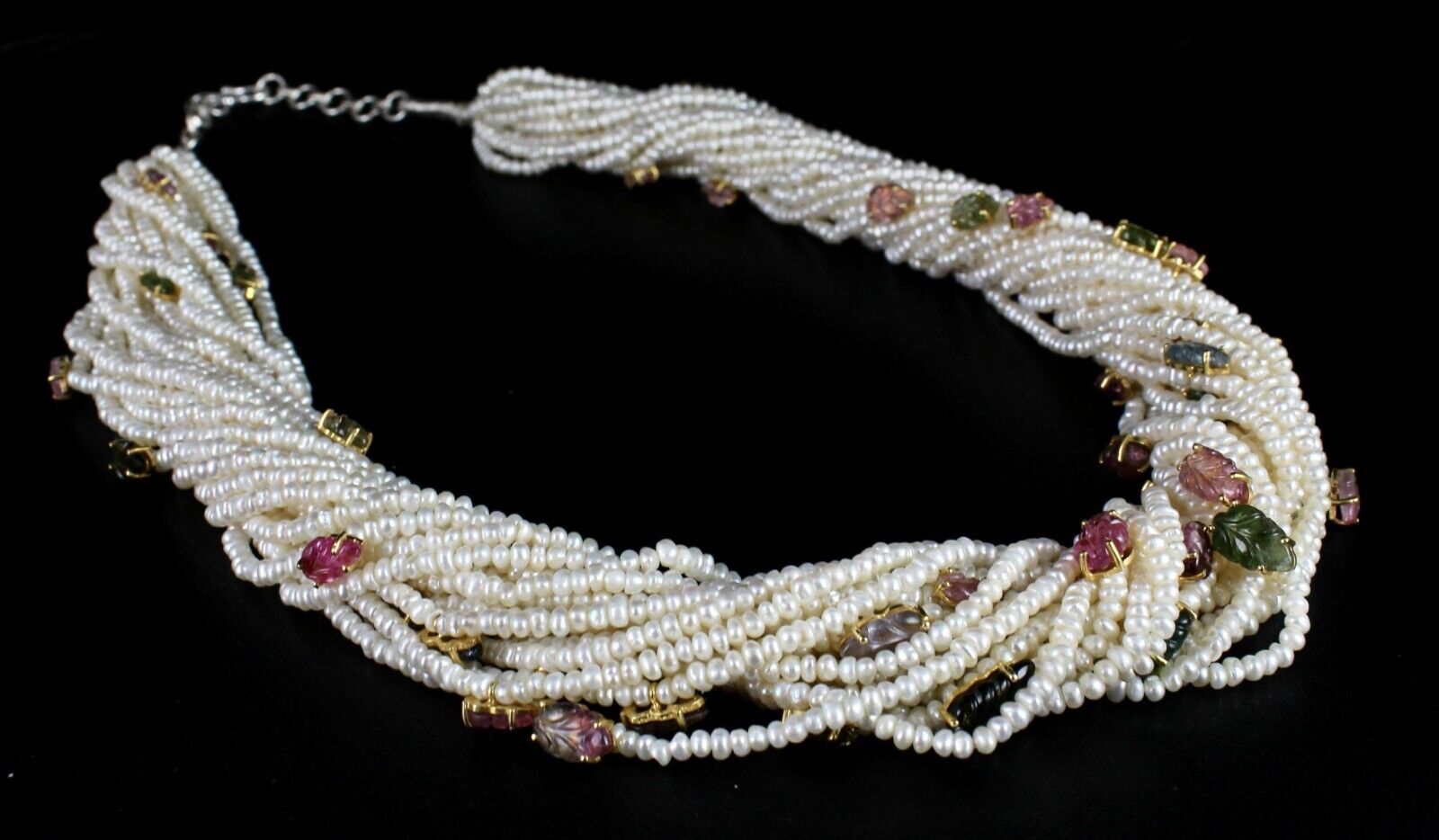 Unique Pearl Bead Natural Tourmaline Carved Leaf 972 Ct Silver Designer Necklace