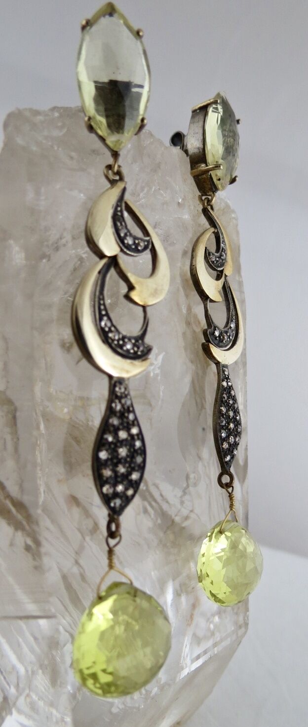 NATURAL LEMON QUARTZ TEAR DROPS DIAMOND 18K GOLD 925 SILVER VICTORIAN EARRING