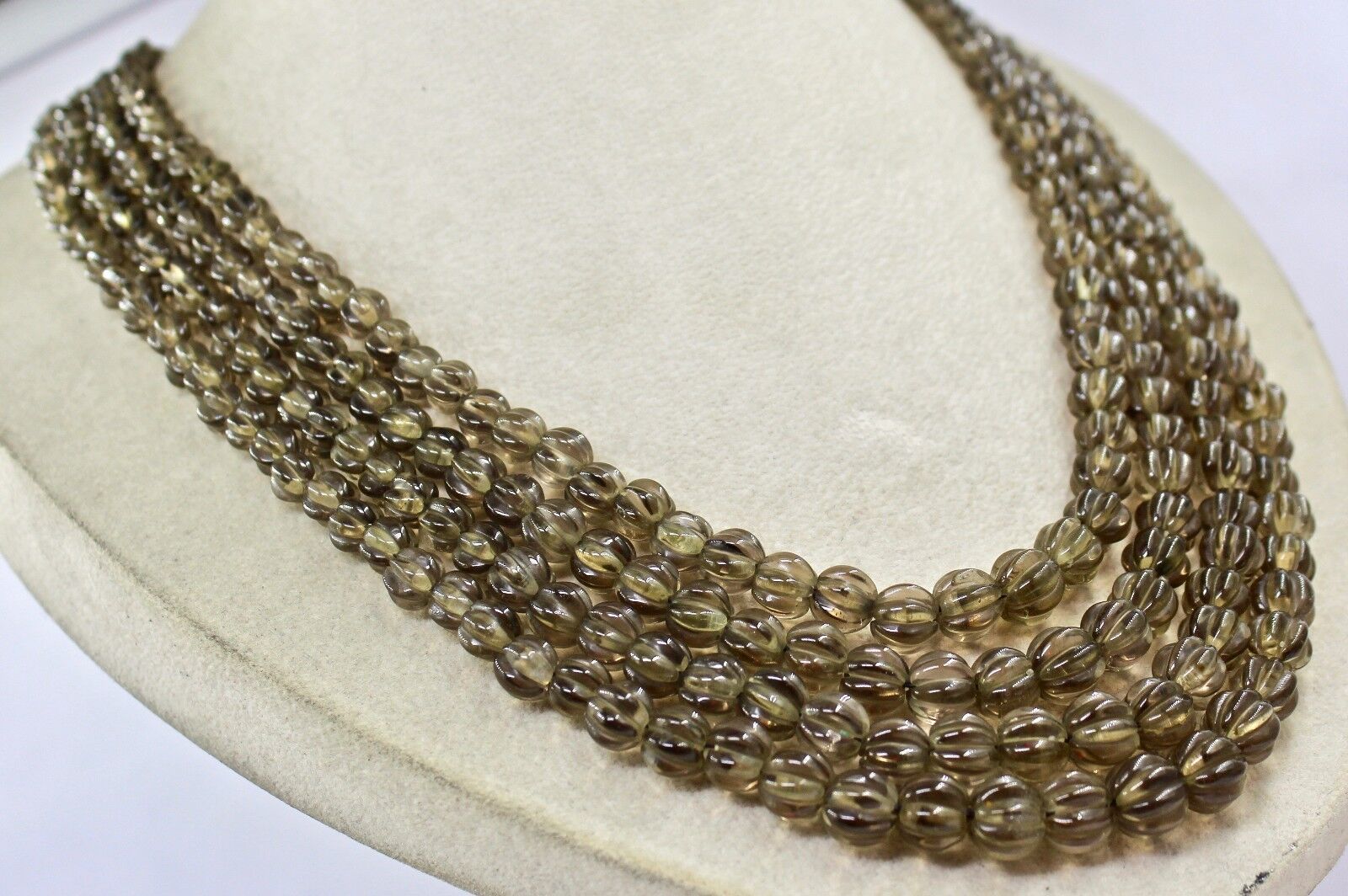 Natural Smoky Quartz Beads Carved Melon 4 L 762 Carats Antique Gemstone Necklace