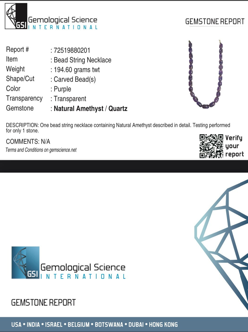 Certified Natural Amethyst Engraved Bead 955 Ct Sterling Silver Vintage Necklace