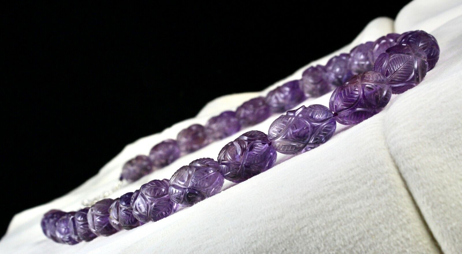 Natural Amethyst Engraved Beads 860 Ct Purple Gemstone Silver Vintage Necklace