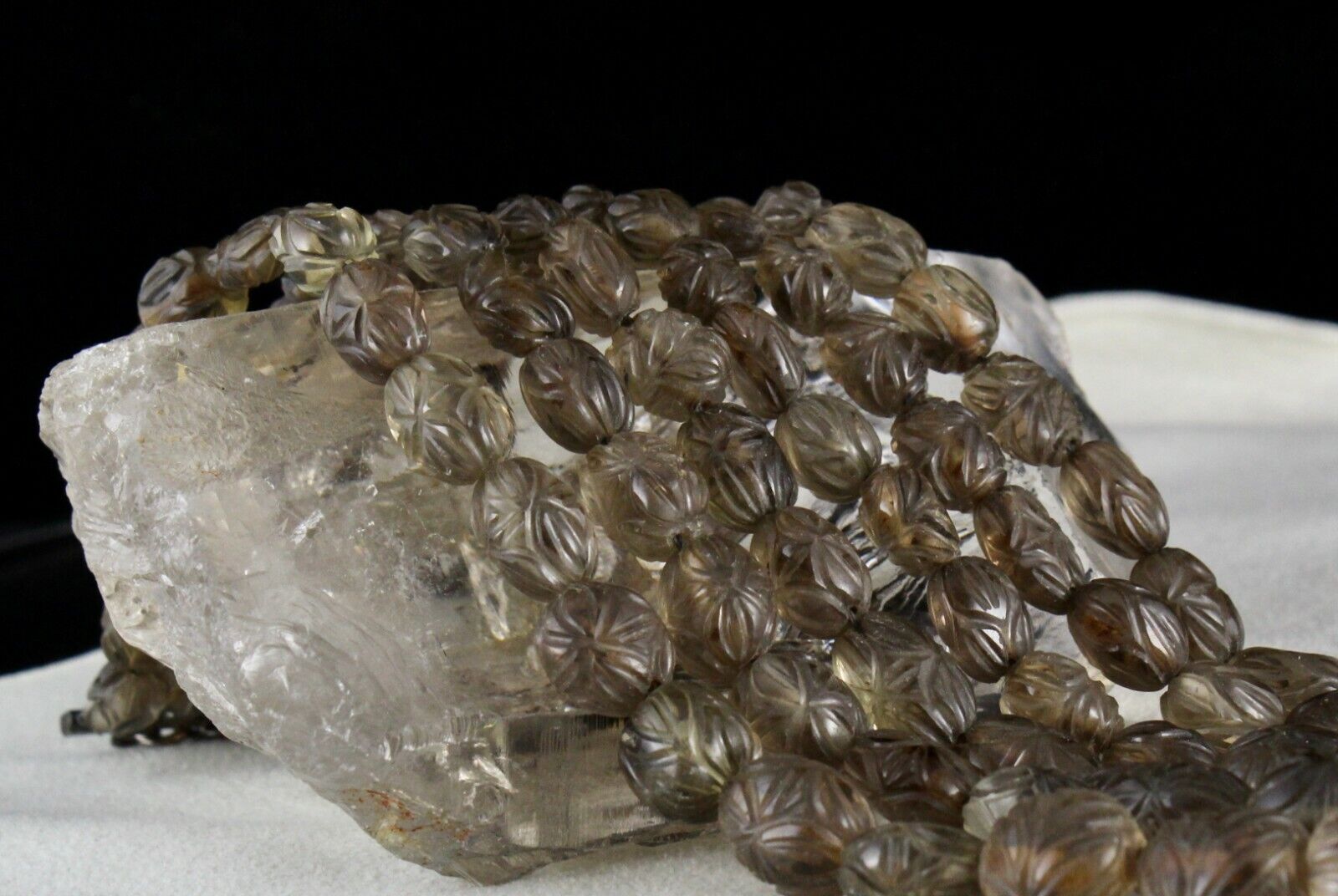 NATURAL SMOKY QUARTZ BEADS CARVED MELON 3 LINE 746 CARATS GEMSTONE NECKLACE