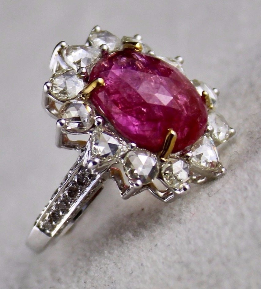 Certified Natural Burma Ruby Cabochon 10ct Diamond 18k White Gold Ring