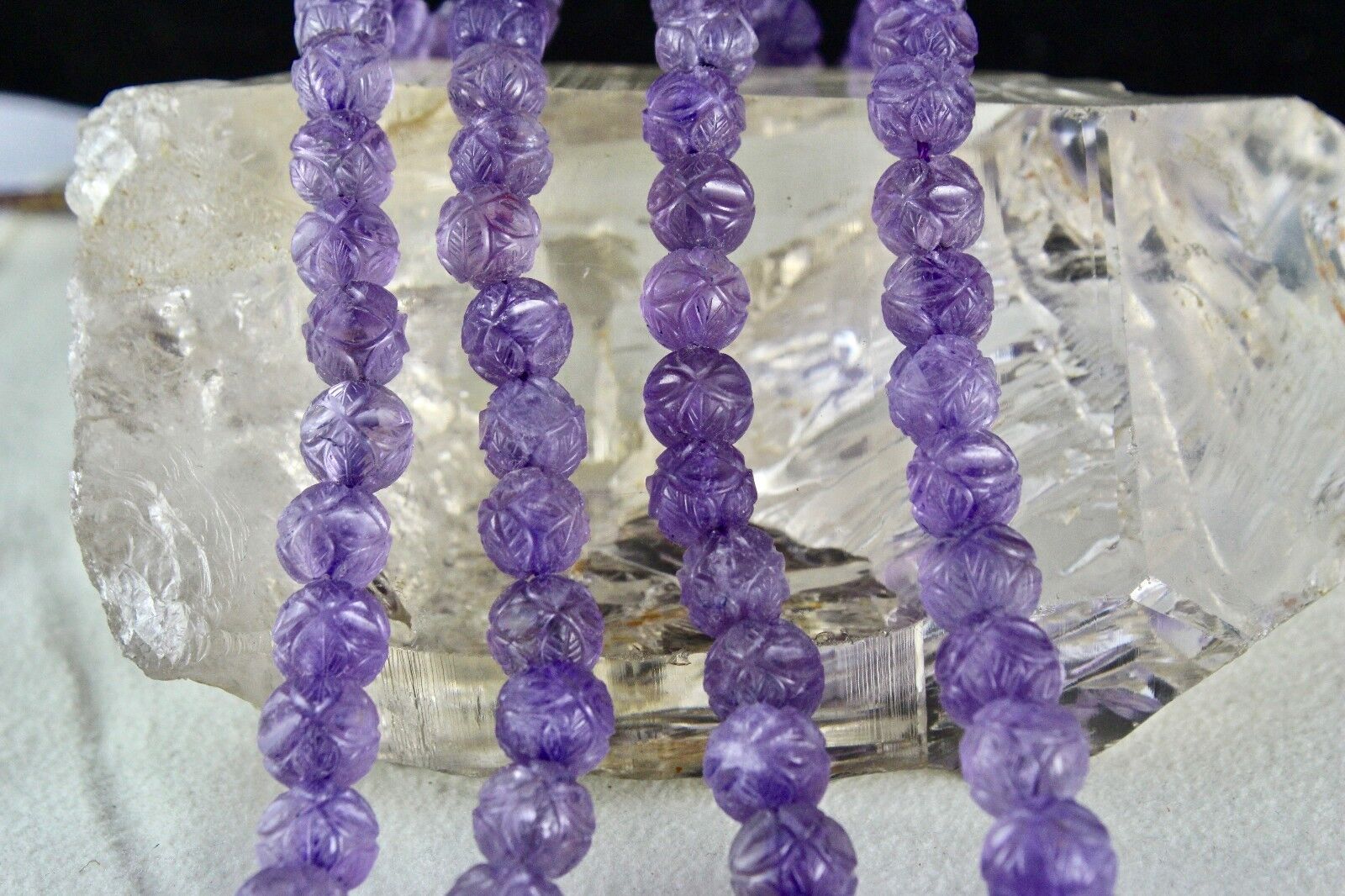 Natural Amethyst Beads Engraved 2 L 616 Ct Purple Gemstone Vintage Old Necklace
