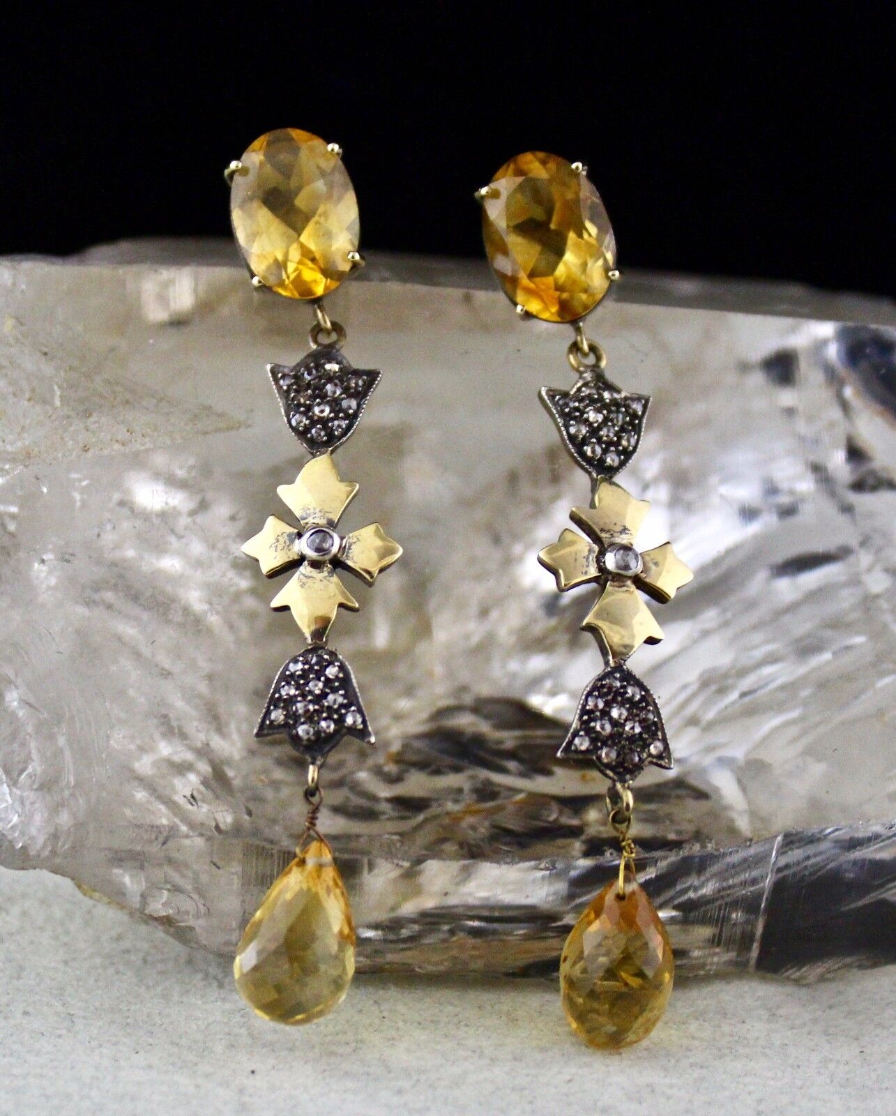 YELLOW CITRINE CUT DROP GEMSTONE DIAMOND 18K GOLD 925 SILVER VICTORIAN