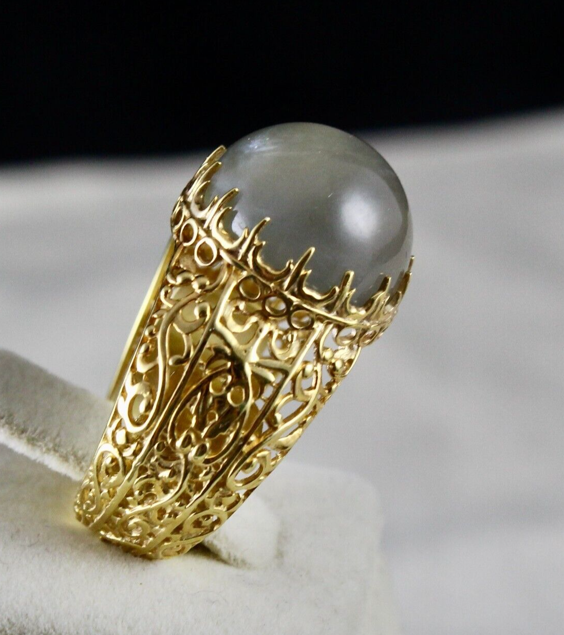 NATURAL MOONSTONE CABOCHON CARVED 925 STERLING SILVER FINE DESIGN GEMSTONE RING